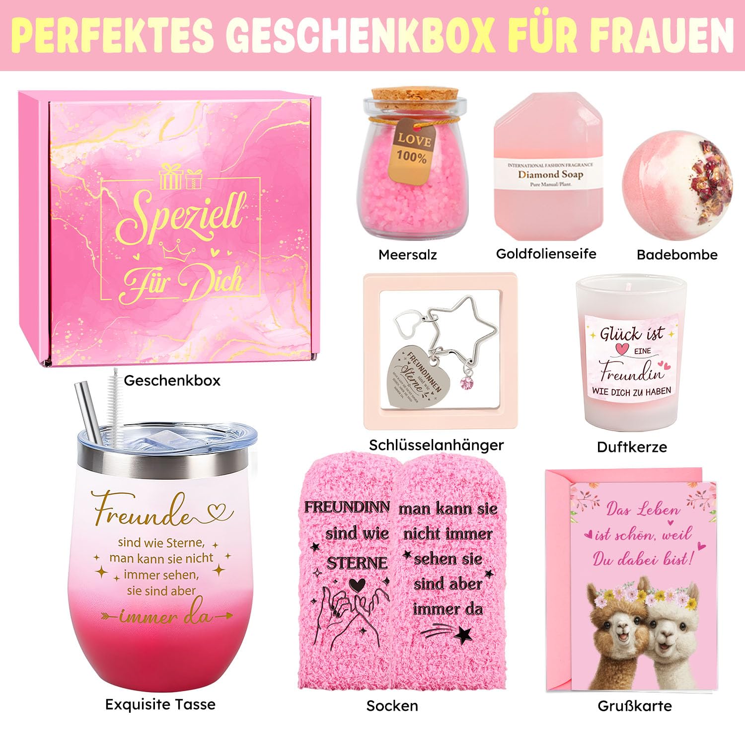 Giftota Geschenke für Frauen, Beste Freundin Geburtstagsgeschenk für Frauen Geschenk Beste Freundin Geburtstag Geschenkset für Frau, Rosa Thermobecher Geschenkbox Freundinnen, Wellness Geschenkset