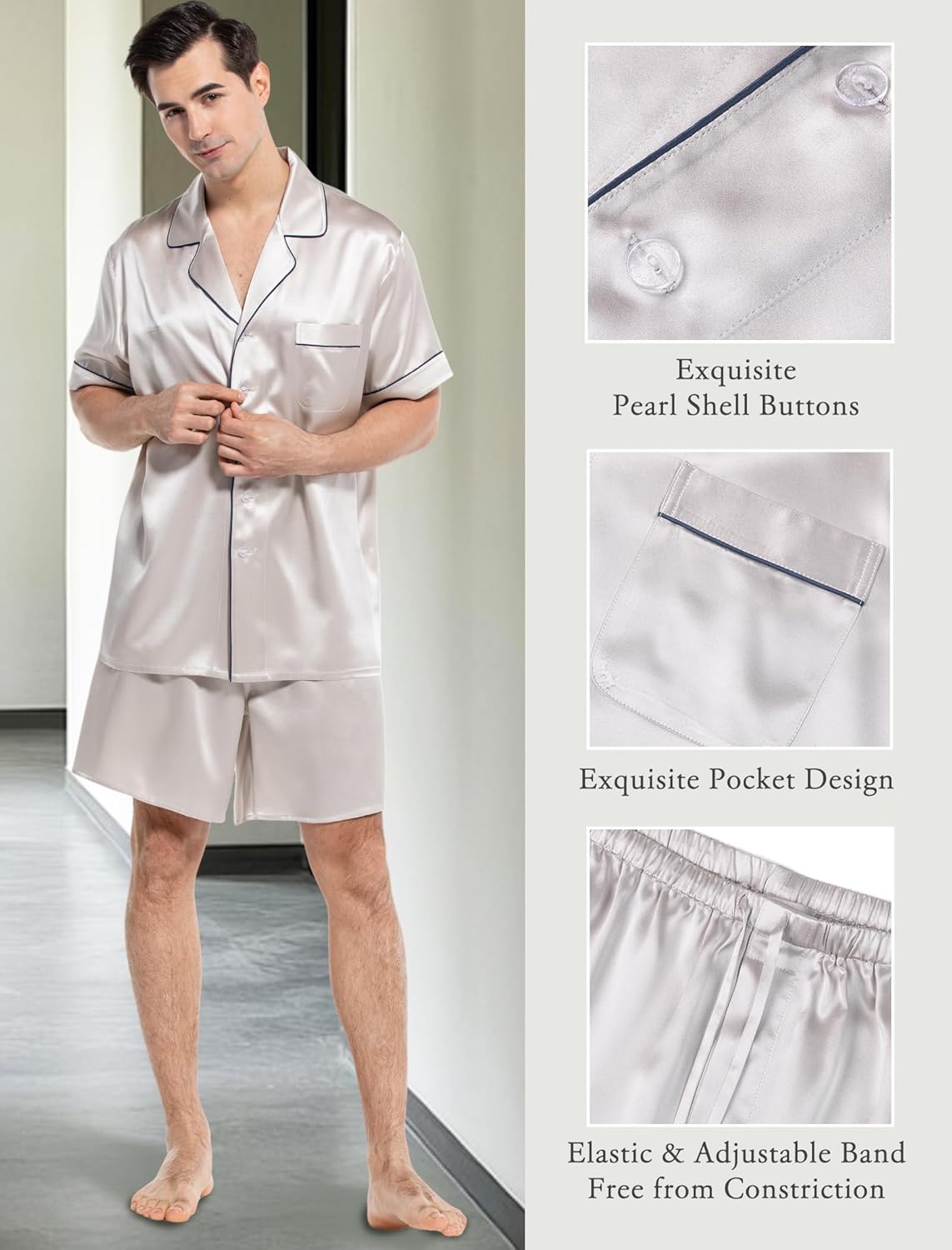 COLD POSH 100% 19MM Mulberry Silk Pajamas for Men Short Sleeve Button Up Mens Silk Pajama Set for Summer Pjs - Image 3