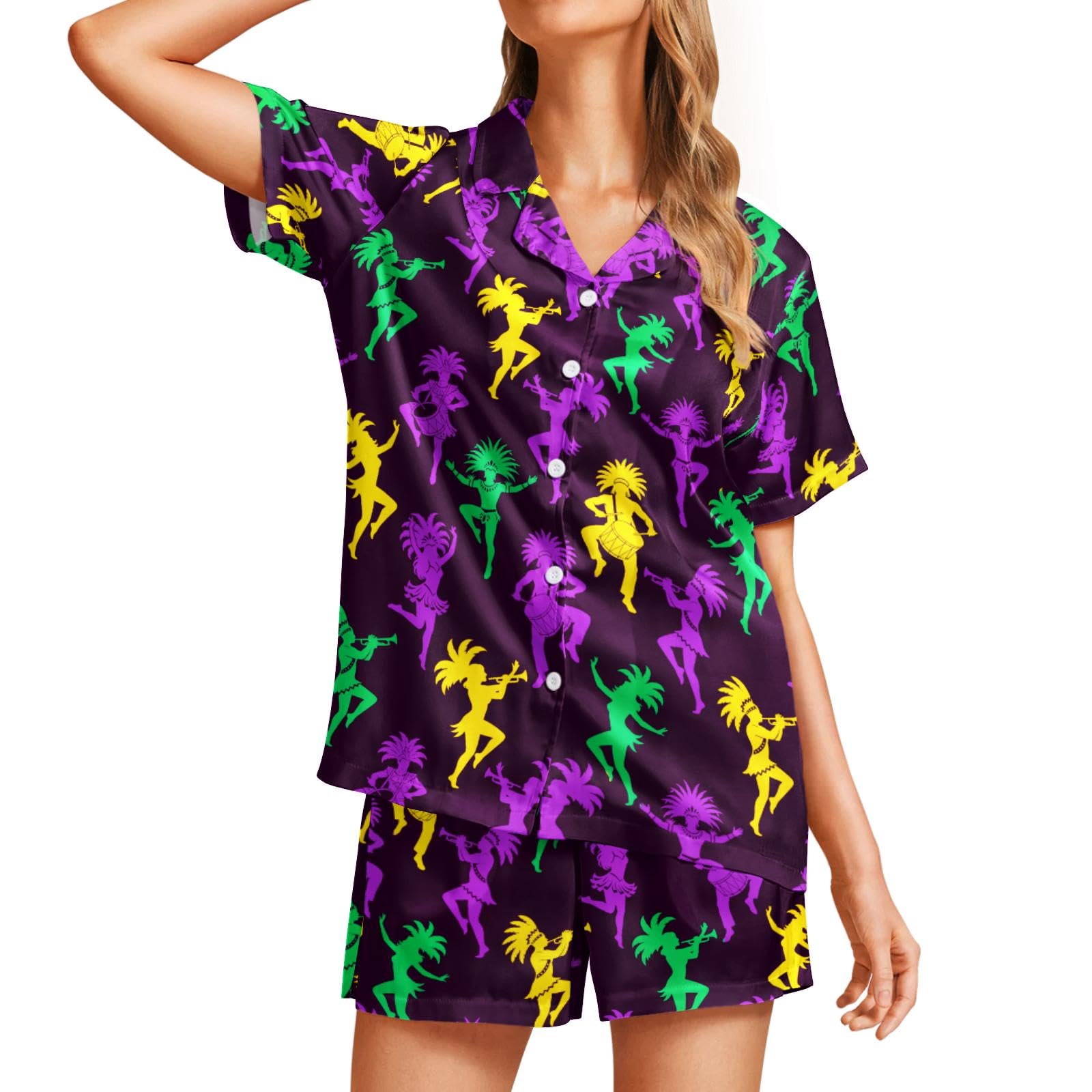 Funny Pajamas for Women Set Print Satin Loungewear Pjs Short Sleeve Button Down Top and Shorts Sets Sleepwear XS-3XL