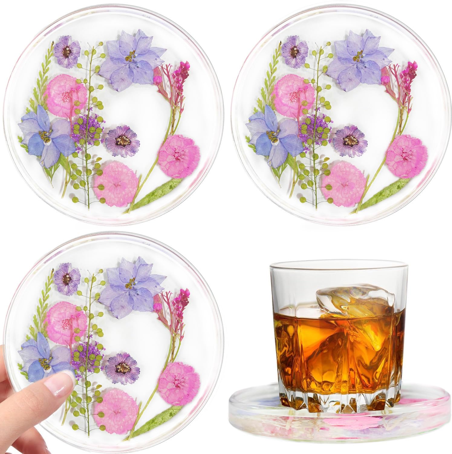 Drink Coaster Resin with Edge - Flower Coasters - Crystal Coasters for Desk (4, Clear Purple Flower)