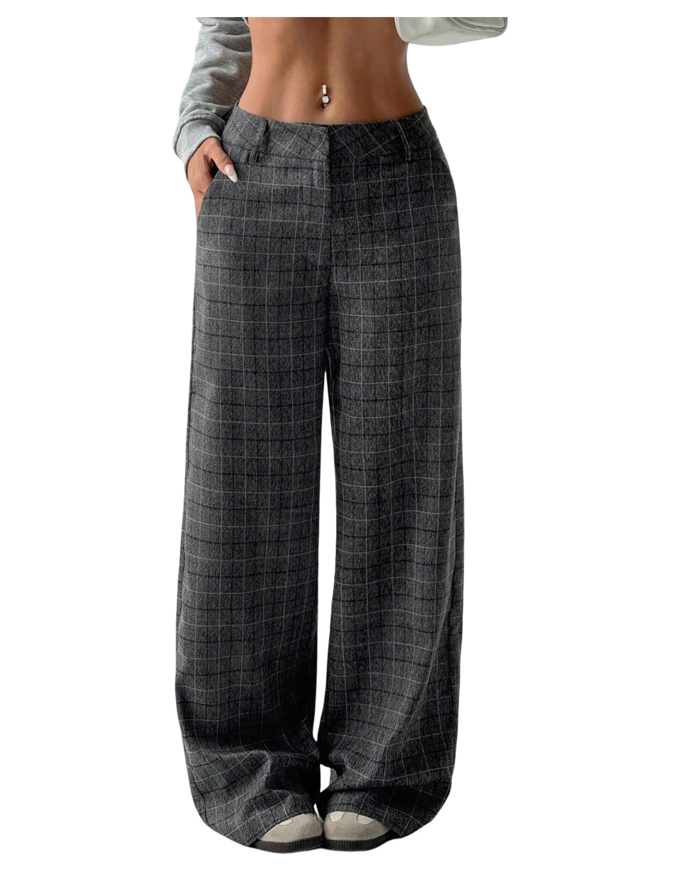 MakeMeChic Womens Plaid Wide Leg Pants Low Waist Business Trousers with Pockets