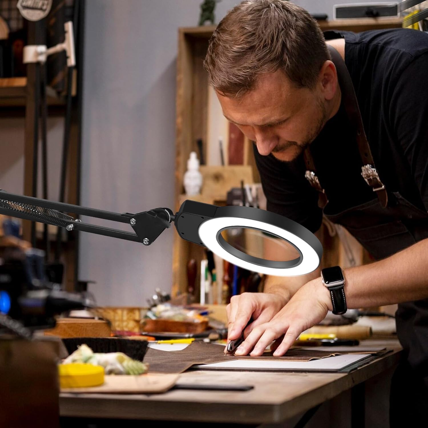 Lupe mit Touch Control Licht und Ständer - LED Lupenleuchte in Schwarz, Klemme, 5 Farbmodi, stufenlos dimmbar - Perfekte Lupenlampe für präzise Arbeiten und Modellbau