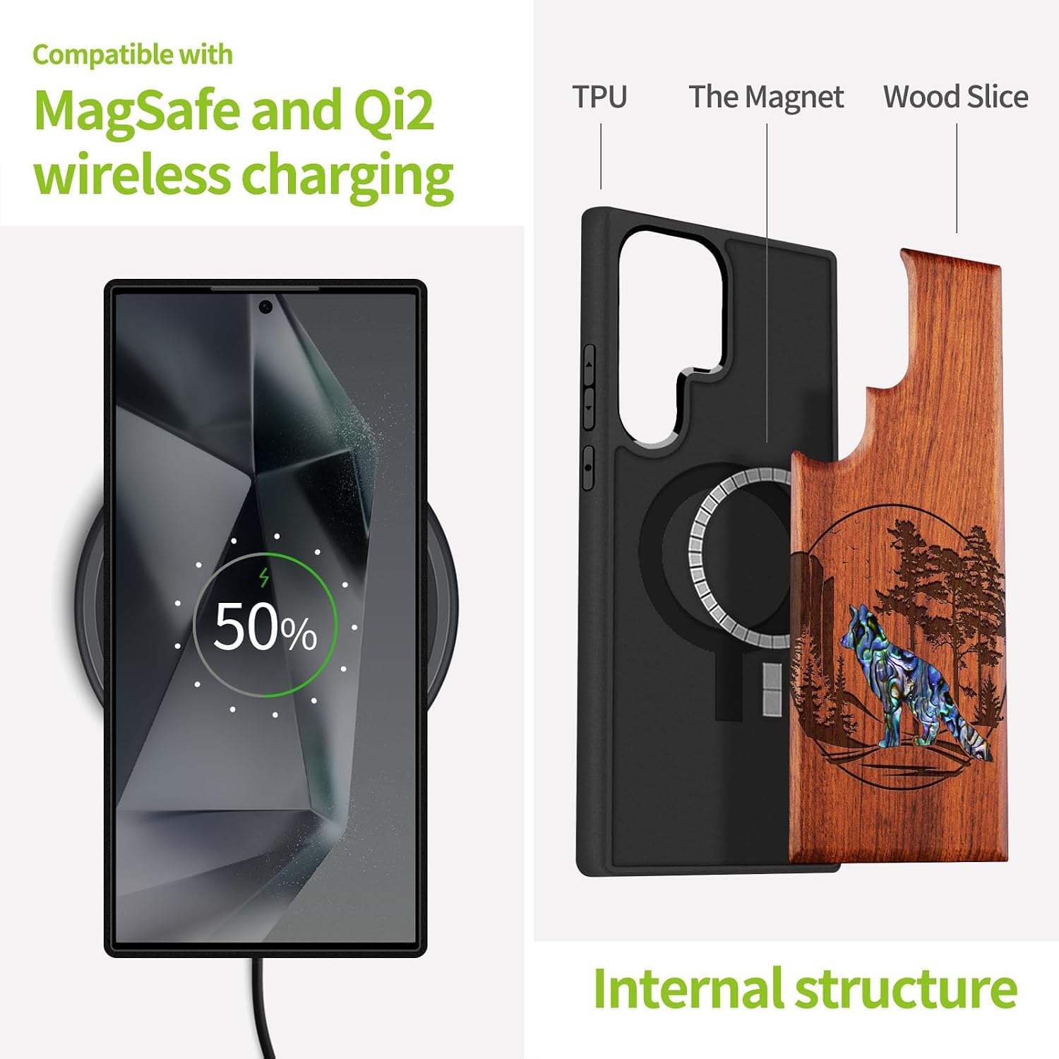 Carveit Magnetic Wooden Case for Samsung Galaxy S25 Ultra Case, Wood Artisan Engraved & Handmade Shell Inlaid, Compatible with MagSafe Wireless Chargers (Fox and Woods) Rosy