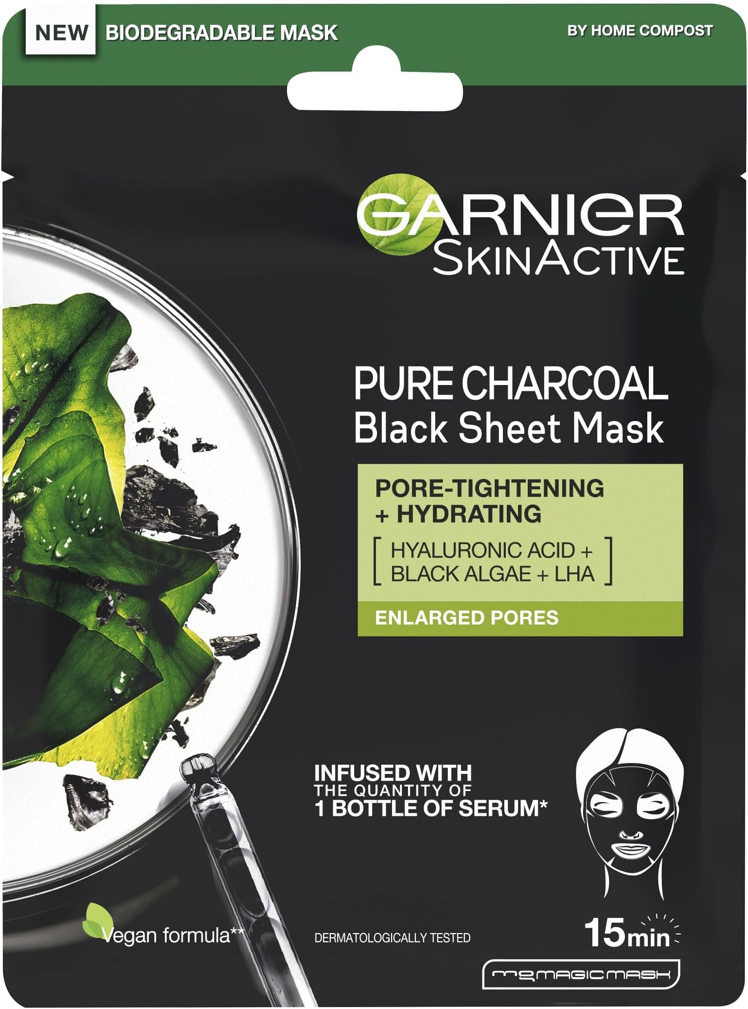 Pure Charcoal and Algae Sheet Mask, Purifying and Hydrating Face Mask With Hyaluronic Acid, LHA & Black Algae, Tightens Enlarged Pores & Purifies Skin, Vegan Tissue Mask, 28g