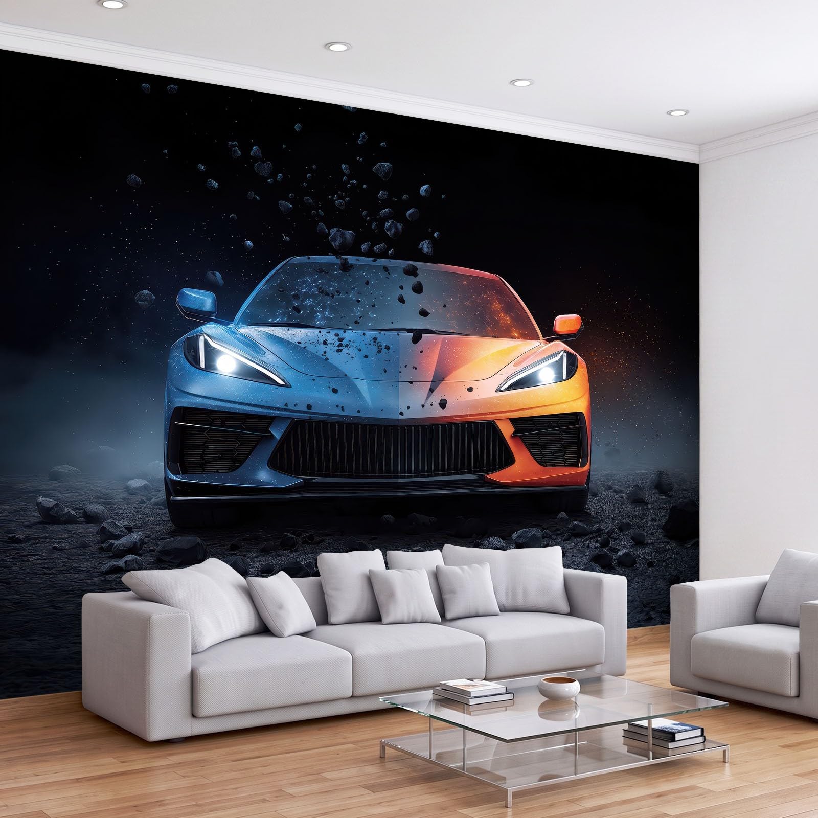 Fototapete Schlafzimmer Wohnzimmer 300x210 cm 3D Sportwagen Fels, Wandtapete Vlies Tapete UV-Beständig Geruchsfrei Vliestapete Panorama Wandbild Wandposter