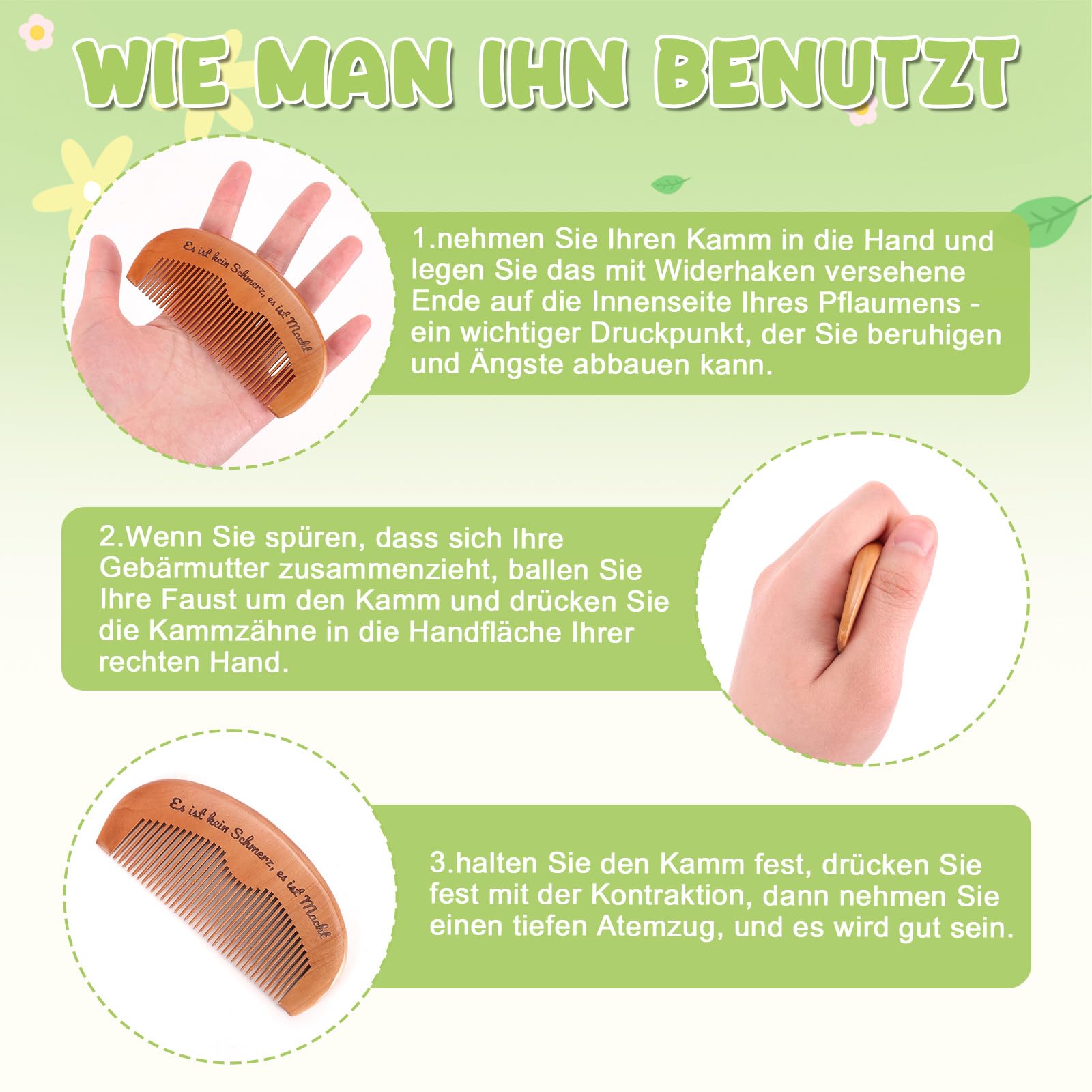 Kaempe Grzebień porodowy, drewniany grzebień, prezent dla matki, grzebień z drewna grzebieniowego, do łagodzenia niepokoju, naturalne łagodzenie bólu, łagodzenie stresu