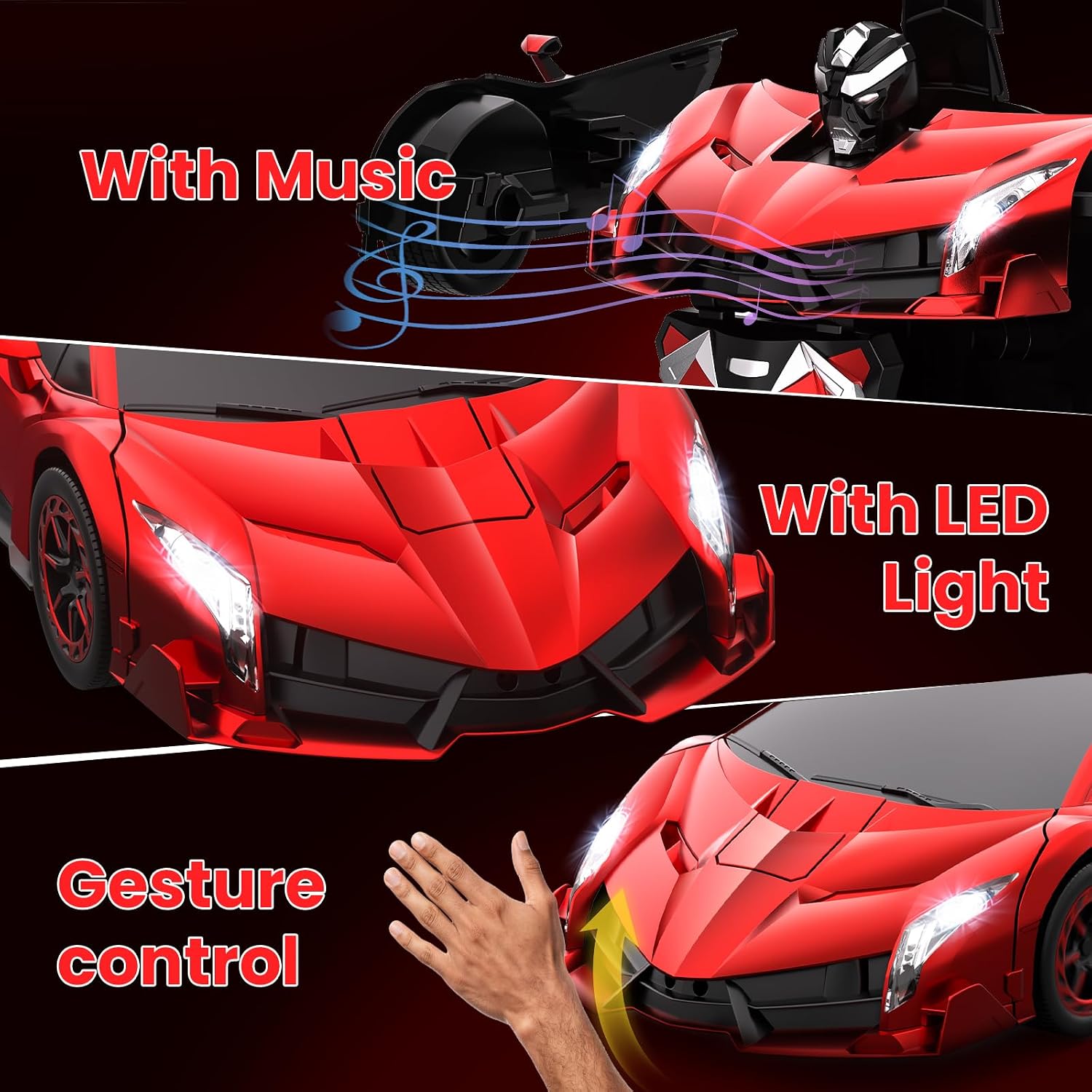 YONCHER Transform Remote Control Car, 1:12 Big Size Transform RC Cars Robot, 2-in-1 Robot Car Toy with Music and Light, Gesture Sensing, 360° Automatic Deformation, for Boys and Girls, Red
