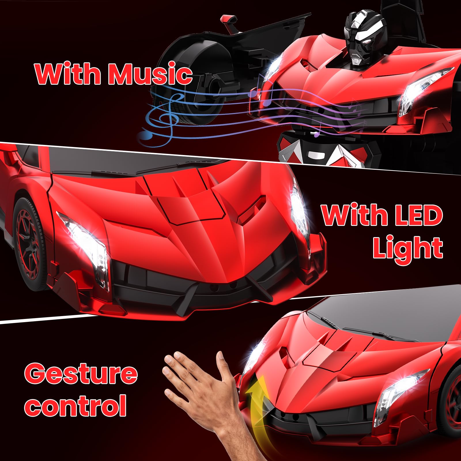 YONCHER Auto Telecomandata Trasformabile, 1:12 Grande Auto Robotica RC Trasformabile, Giocattolo 2 in 1 con Musica e Luci, Rilevamento dei Gesti per Bambini, Rosso