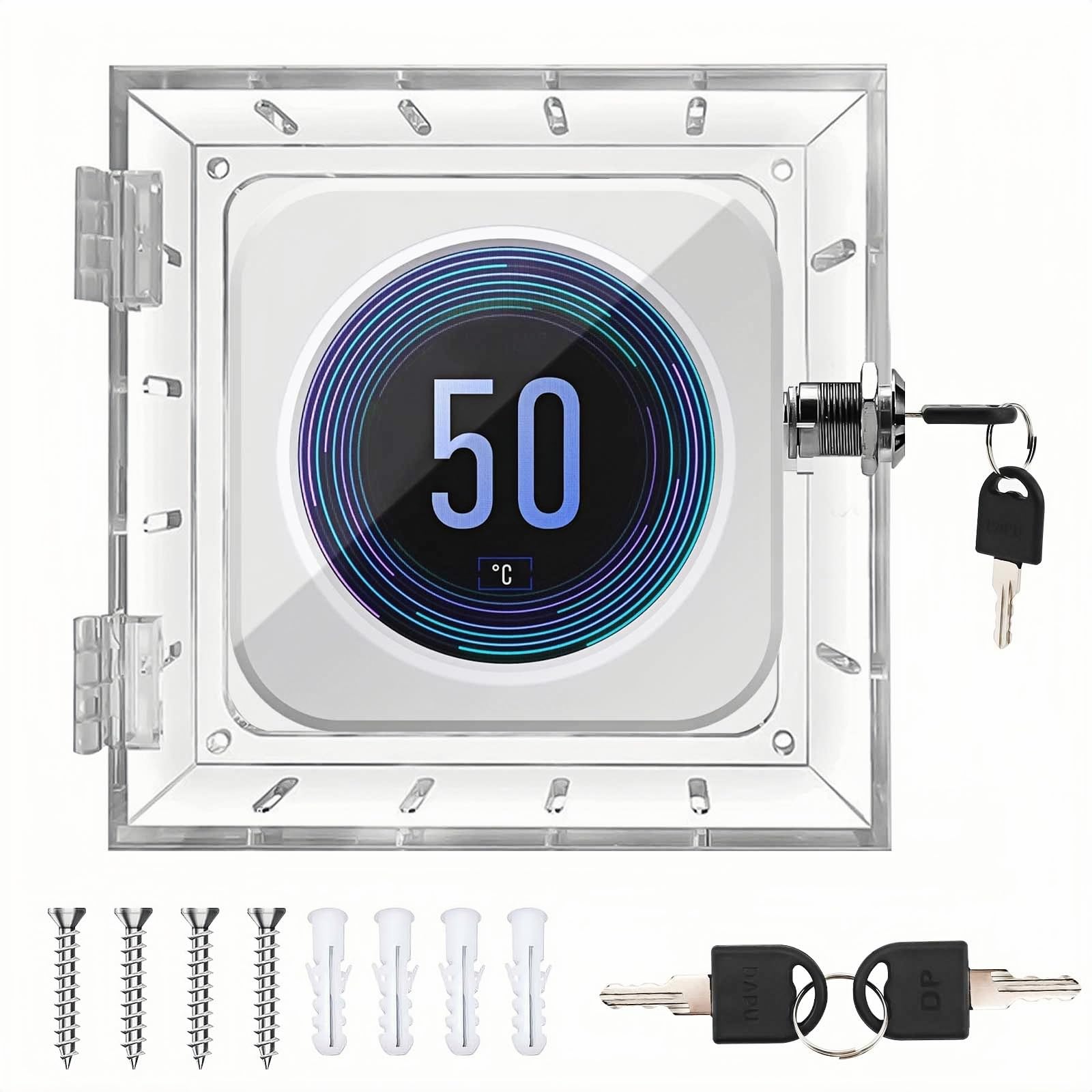 Thermostat Cover with Lock,Wall Mounted Acrylic Thermostat Guard Box with 4pcs Screws & Bolts,Transparent Thermostat Protective Cover for Restaurants School Ac Panel,Fits 4.72x5.62x1.77in or Smaller