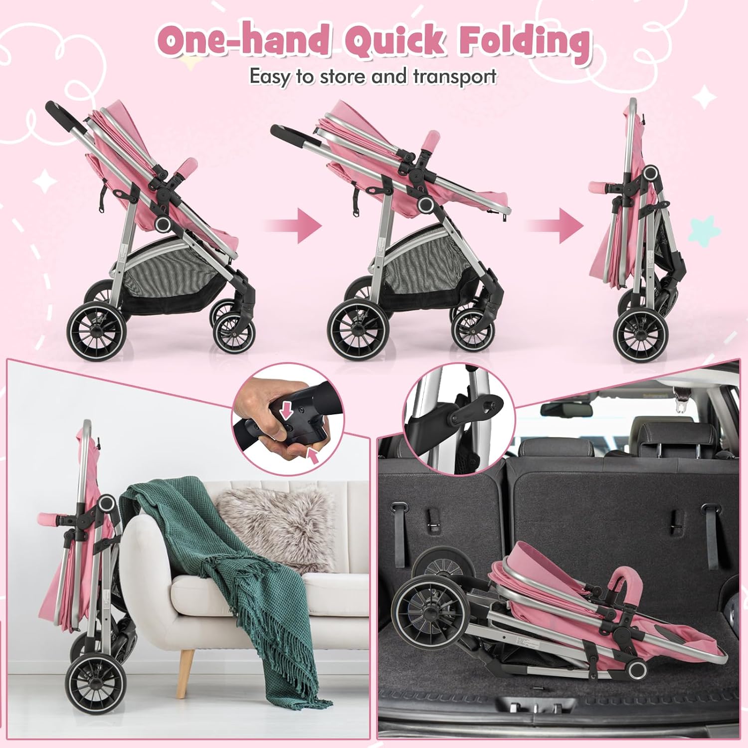 HONEY JOY 2 in 1 Convertible Baby Stroller, Folding High Landscape Infant Stroller w/Reversible Seat, Removable Foot Cover, Adjustable Backrest & Canopy, Toddler Pushchair for Newborn (Pink)