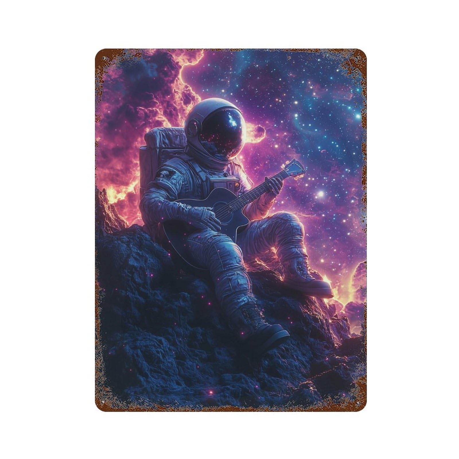 Astronaut Playing Guitar in Space-3 Aged Metal Wall Plaque 15.7"x11.8", Industrial Home Decor for Garage, Pub Or Kitchen