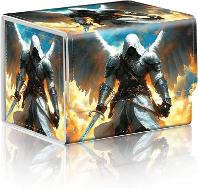 Trading Card Storage Box, Holds 100+ for MTG Cards, Premium PU Leather with Magnetic Closure, Angel Knight With Sword Durable Deck Box for Magic the Gathering, Trading Card Games