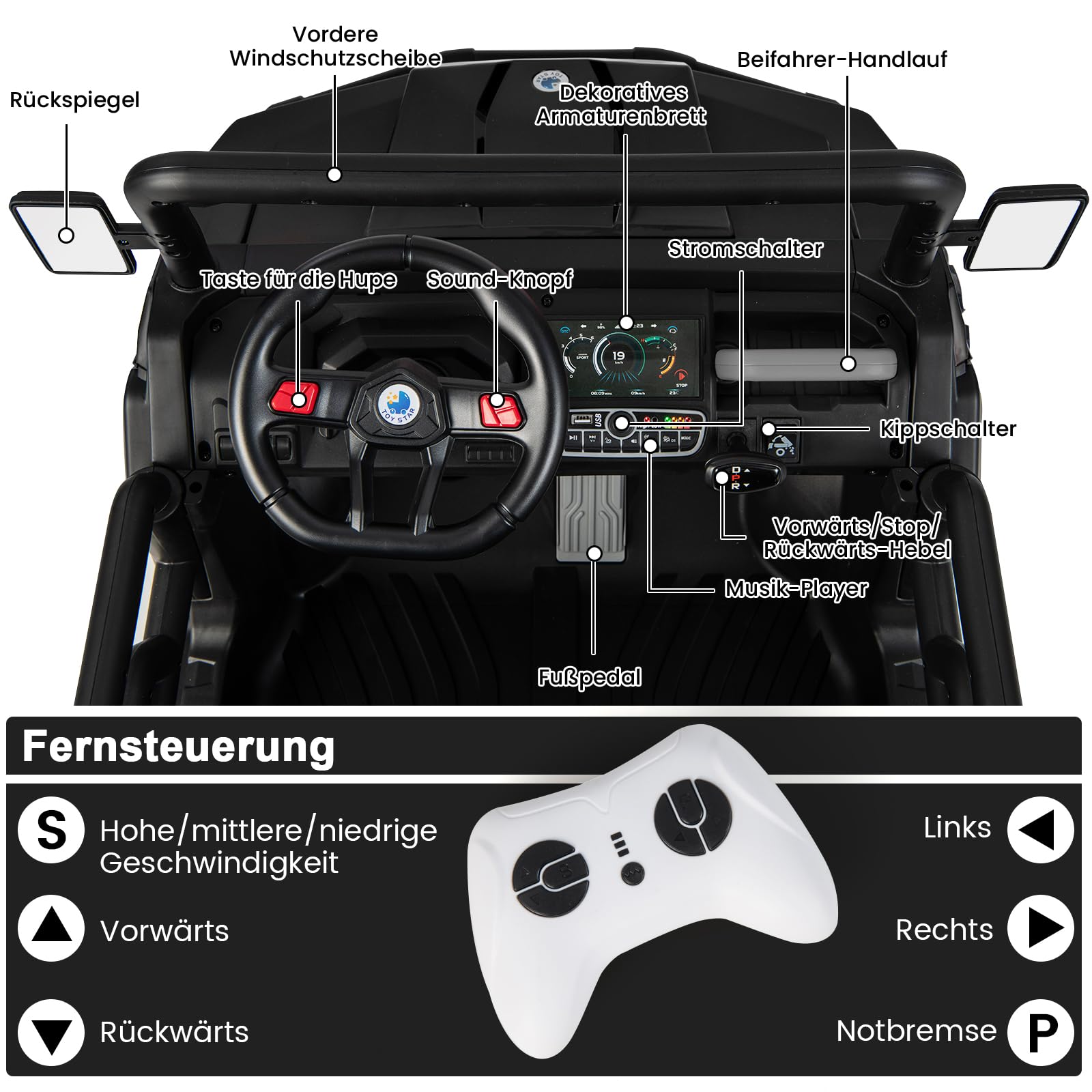 COSTWAY Kinder Elektroauto 2 Sitzer, 12V Kinderauto mit elektrischer Kippmulde, Schaufel & 2,4GHz Fernbedienung, Elektrofahrzeuge mit Musik, Hupen und Scheinwerfer, für Kinder ab 3 Jahren (Schwarz)
