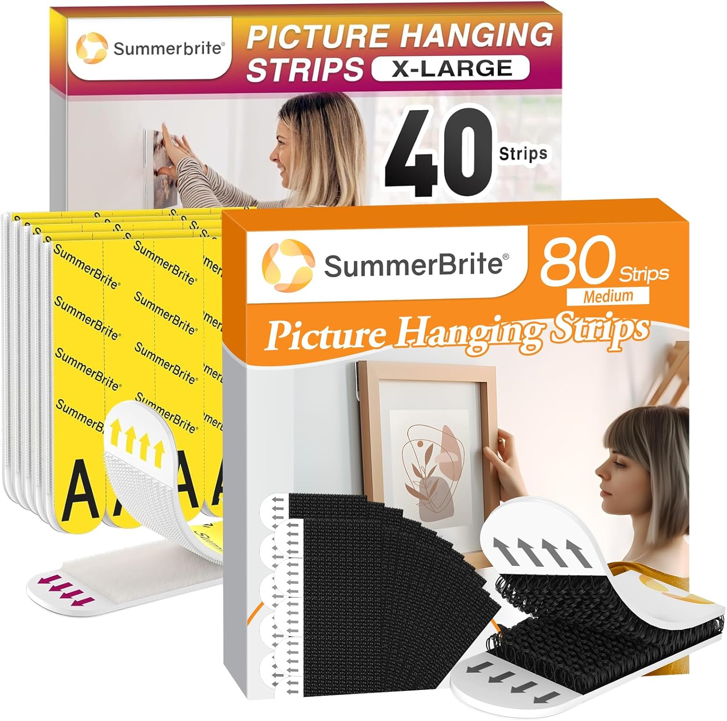 Picture Hanging Strips Heavy Duty,A+B Hook and Loop Picture Hangers, White X-Large 20 Pairs (40 Strips) with 40-Pairs(80 Strips) Black Medium Picture Hanging Strips