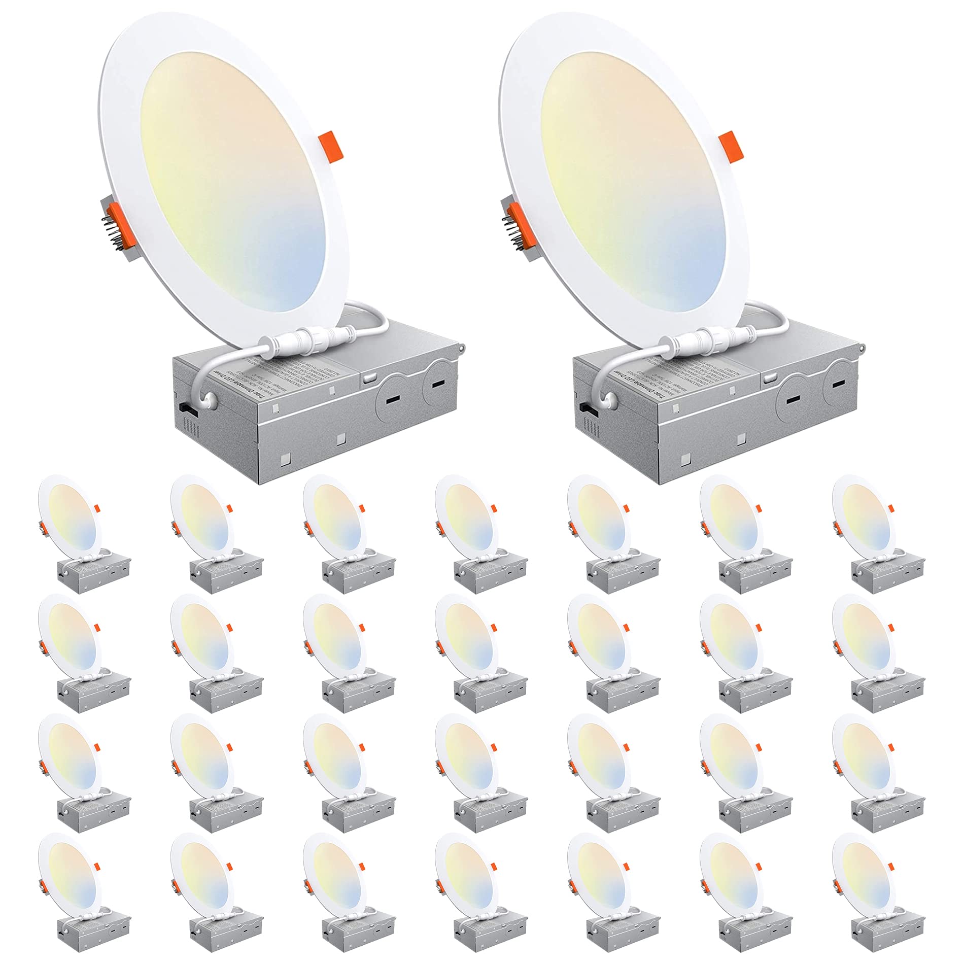 30 Pack Ultra-Thin LED Recessed Lighting 6 Inch 5CCT with Junction Box, 2700K-5000K Selectable, 12W 110W Eqv, Dimmable Canless Slim Downlight, High