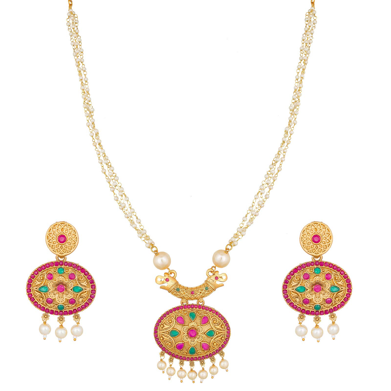 The LuxorFashion Jewellery Traditional Gold Plated Pearl and Kundan Ethnic Temple Jewellery Necklace Set with Earrings Women & Girls