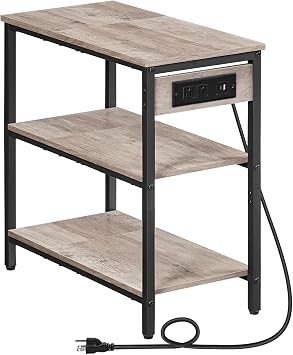 HOOBRO End Table with Charging Station, Side Table with 3 Tier Storage Shelf, Narrow Nightstand for Small Spaces, for Living Room, Bedroom, Easy Assembly, Greige and Black BG149UBZ01