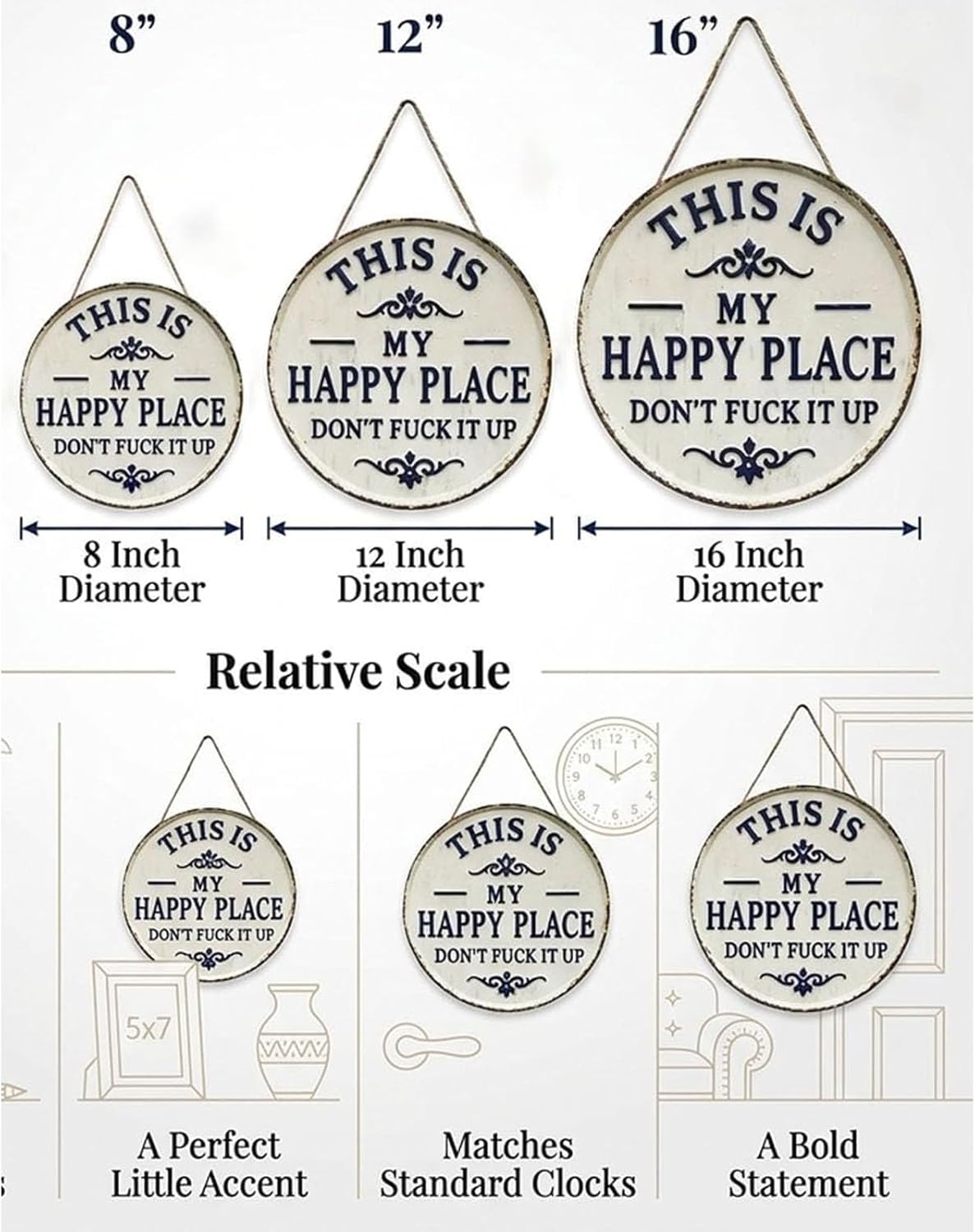 Happy Place – Vintage Statement Metal Sign, "This Is My Happy Place Don't Fuck It Up" Round Garden Wall Art Decor, Funny Hanging Decorative Signs & Plaques for Front Door (16in)