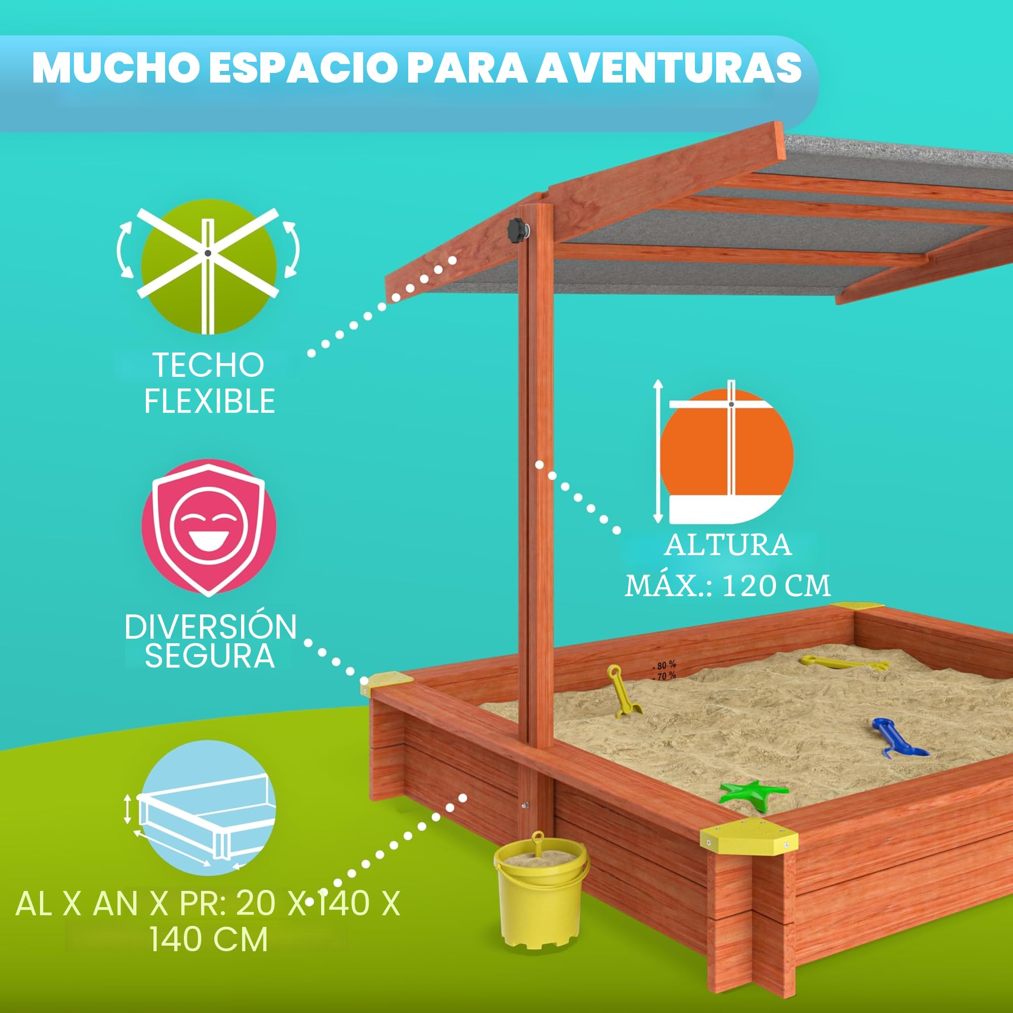SPIELWERK® Arenero Niños 140x140x120cm Techo Ajustable UV50+ Hidrófugo Madera Barnizada Alfombrilla