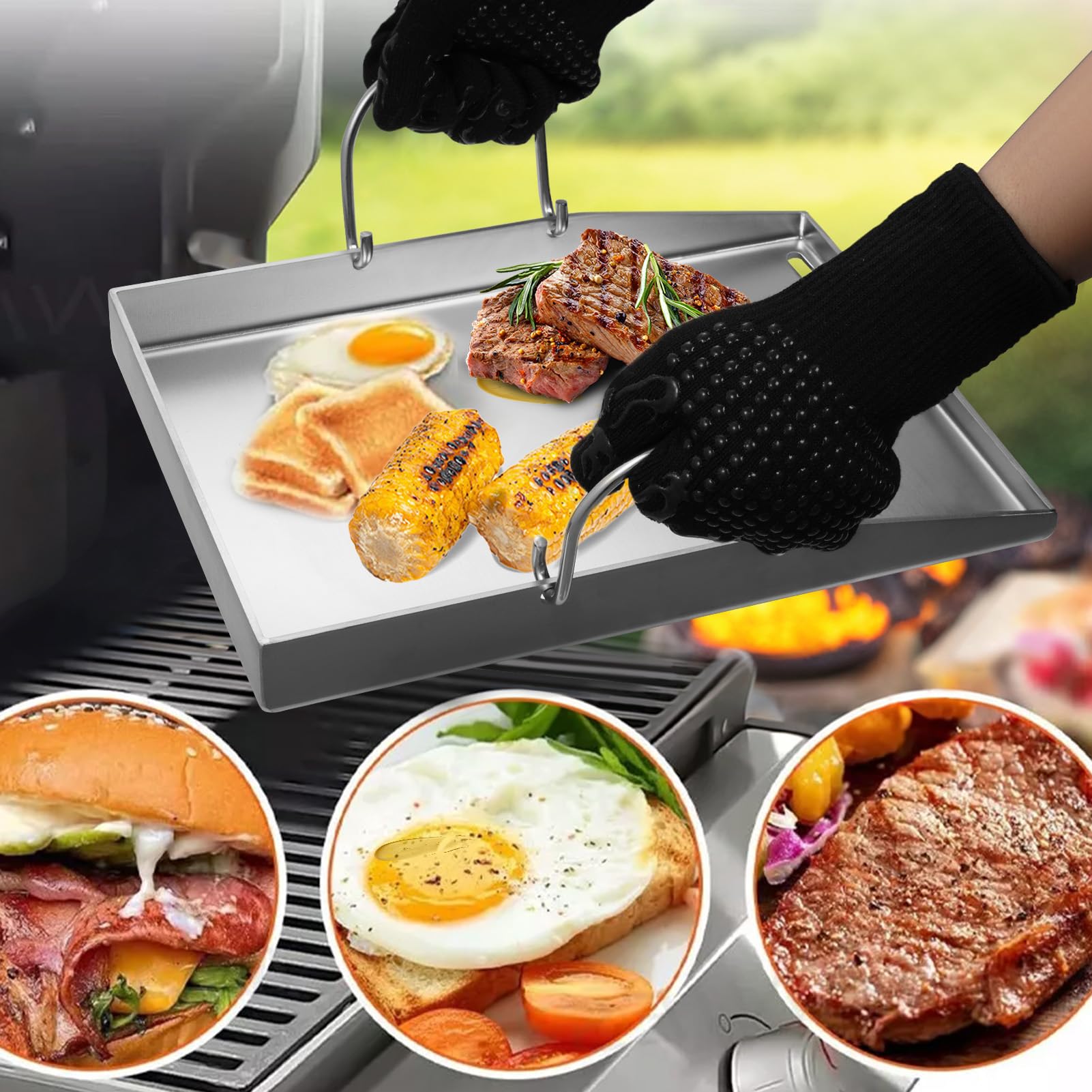 40x30cm Plancha Grillplatte Set, 2 Spachteln + 1 Paar Grillhandschuhe, 4mm Dicke Grillplatte Gasgrill mit Fettablauf, Grillschale Edelstahl für Gas und Holzkohlegrills
