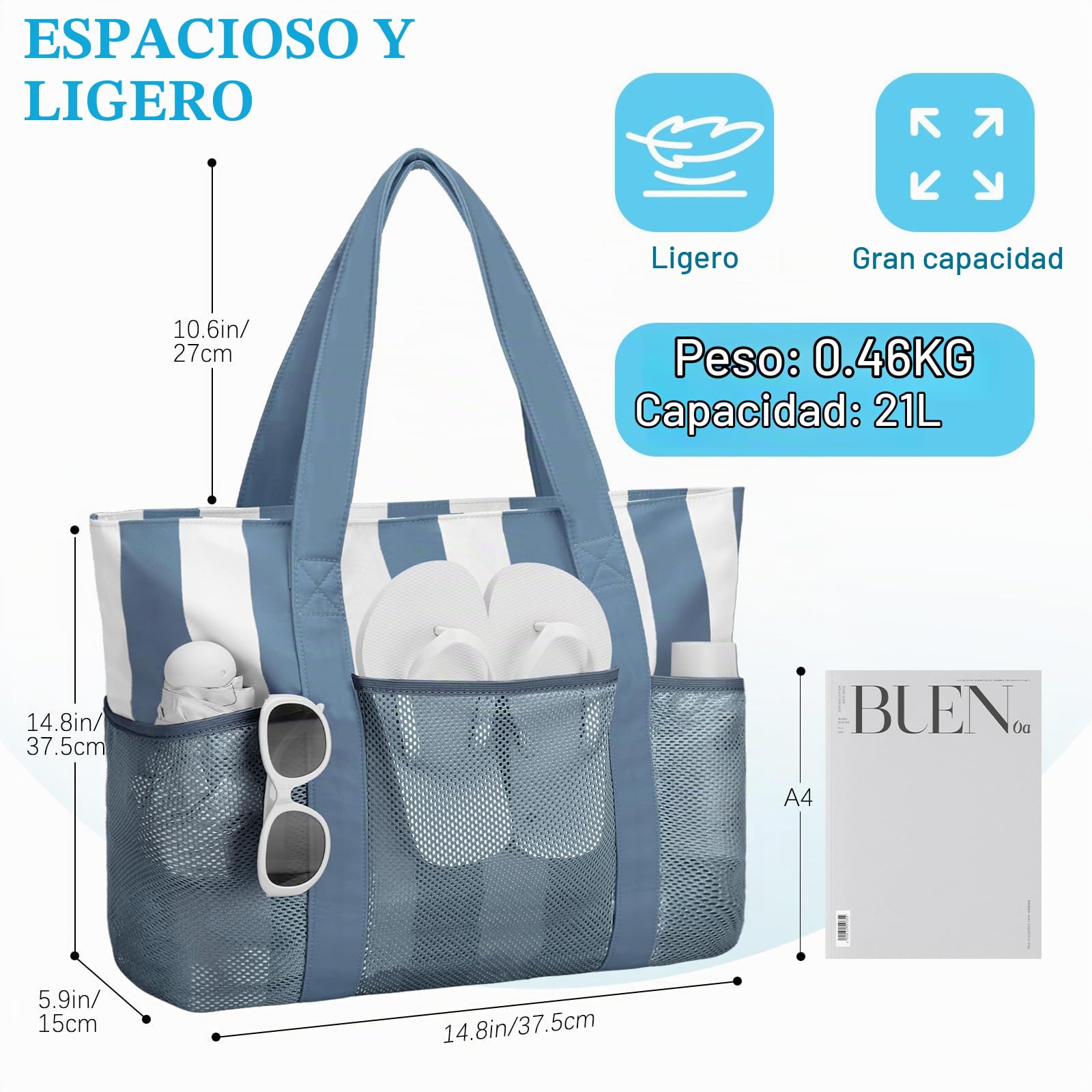 VASCHY Bolso Playa Mujer Grande XXL Familiar de Malla Plegable 21L | Bolso Tote Impermeable,Multibolsillos,Resistente a la Arena,Bolsillo Independiente Con Cremallera Impermeable,37.5×15×37.5CM