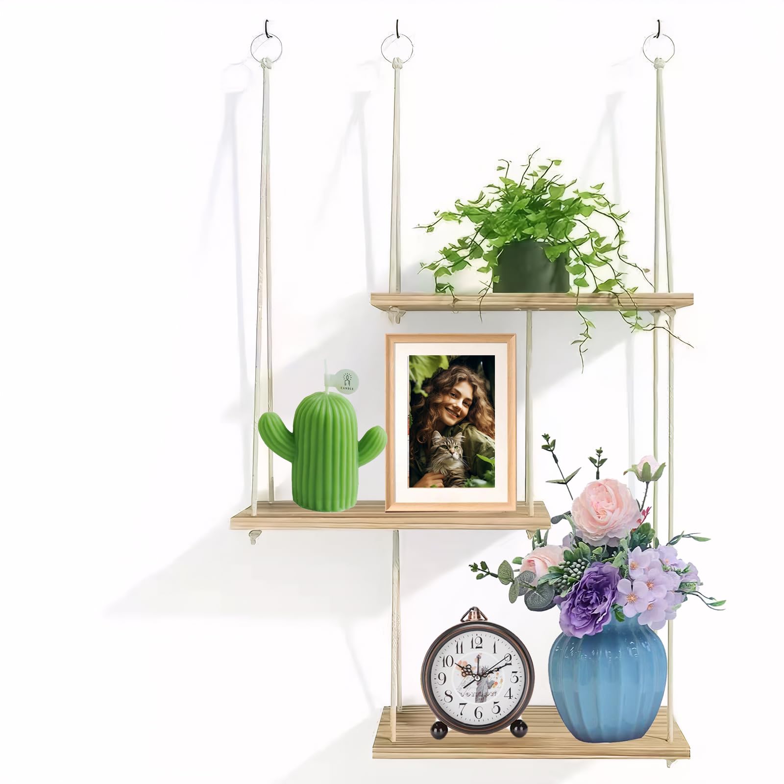 3-Tier Boho Hanging Shelves for Wall - Rustic Floating Wood Shelves with Rope, Macrame Plant Shelf Organizer for Home Decor - Farmhouse, Bohemian Style for Bedroom, Bathroom, Kitchen (1, Rectangle)