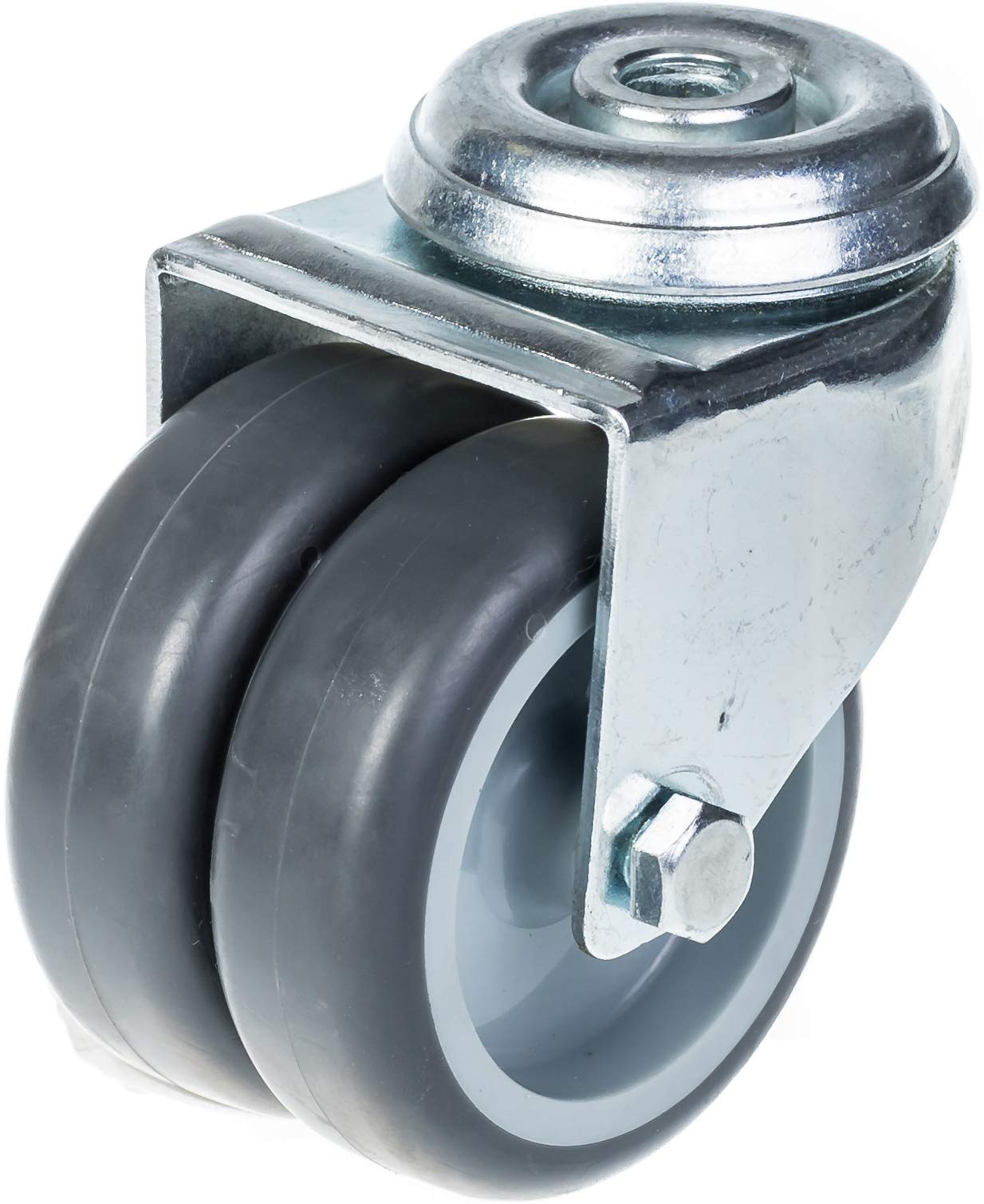 Ruote gemelle da 75 mm in gomma grigia girevoli e freno, capacità 400 kg, set da 4