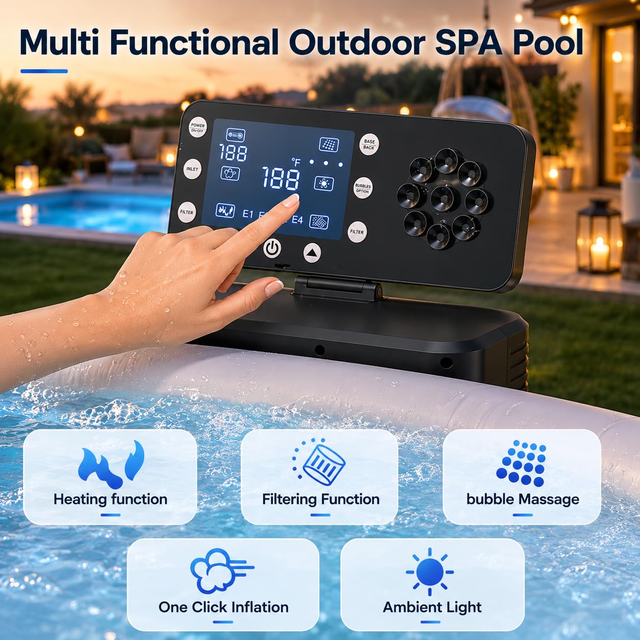 Spa Gonfiabile da Esterno 4-6 Persone, Piscina Idromassaggio 206 cm con 150 Getti di Bolle, Riscaldatore Acqua 40°C, 6 Colori LED, Vasca Massaggio Extra Robusta per Terrazza Giardino