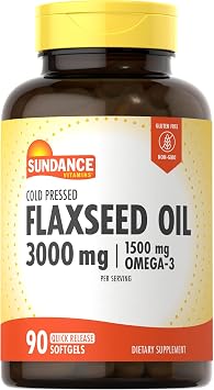 زيت بذور الكتان Sundance 3000mg | 90 Softgels | مع 1500mg Omega-3 | مضغوط بارد | ملحق غير معدل وراثيًا وخالي من الغلوتين