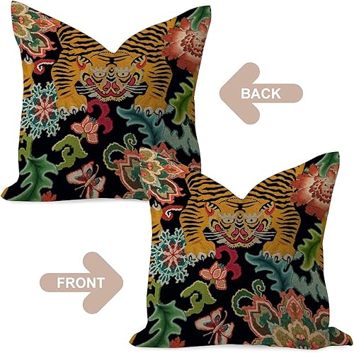 Miniatura 4 de Cómoda funda de almohada de 18 x 18 pulgadas, diseño de tigre de animales chinoiserie a rayas, coloridas fundas de almohada rústicas de ojo de tigre