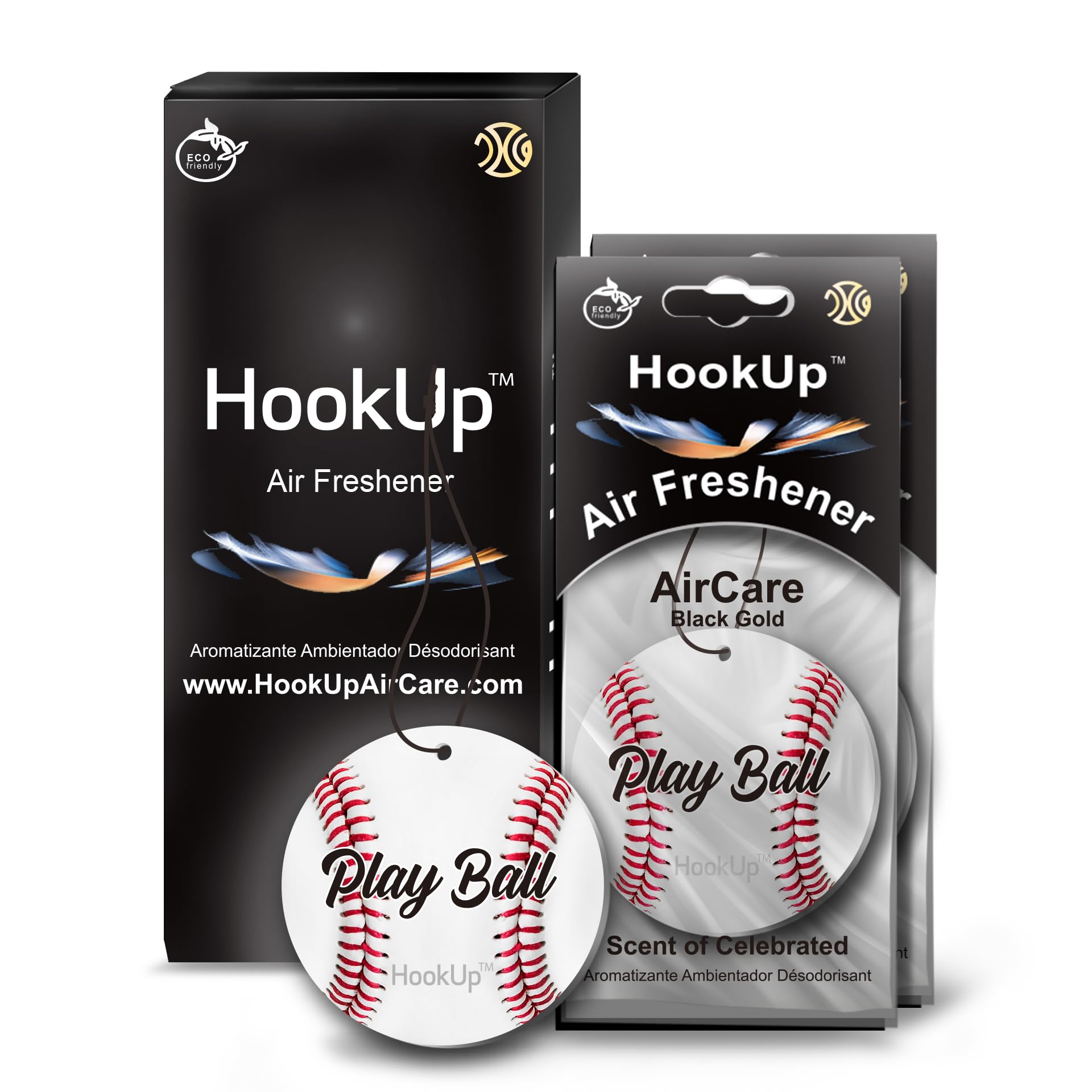 Baseball Car Air Freshener by HookUp - 2 Pack - Black Gold Scent (Extra Strong) | Unique Baseball Gift for Players, Coach, Fans | Hanging Car Accessory with Long Lasting Fresheners Smell