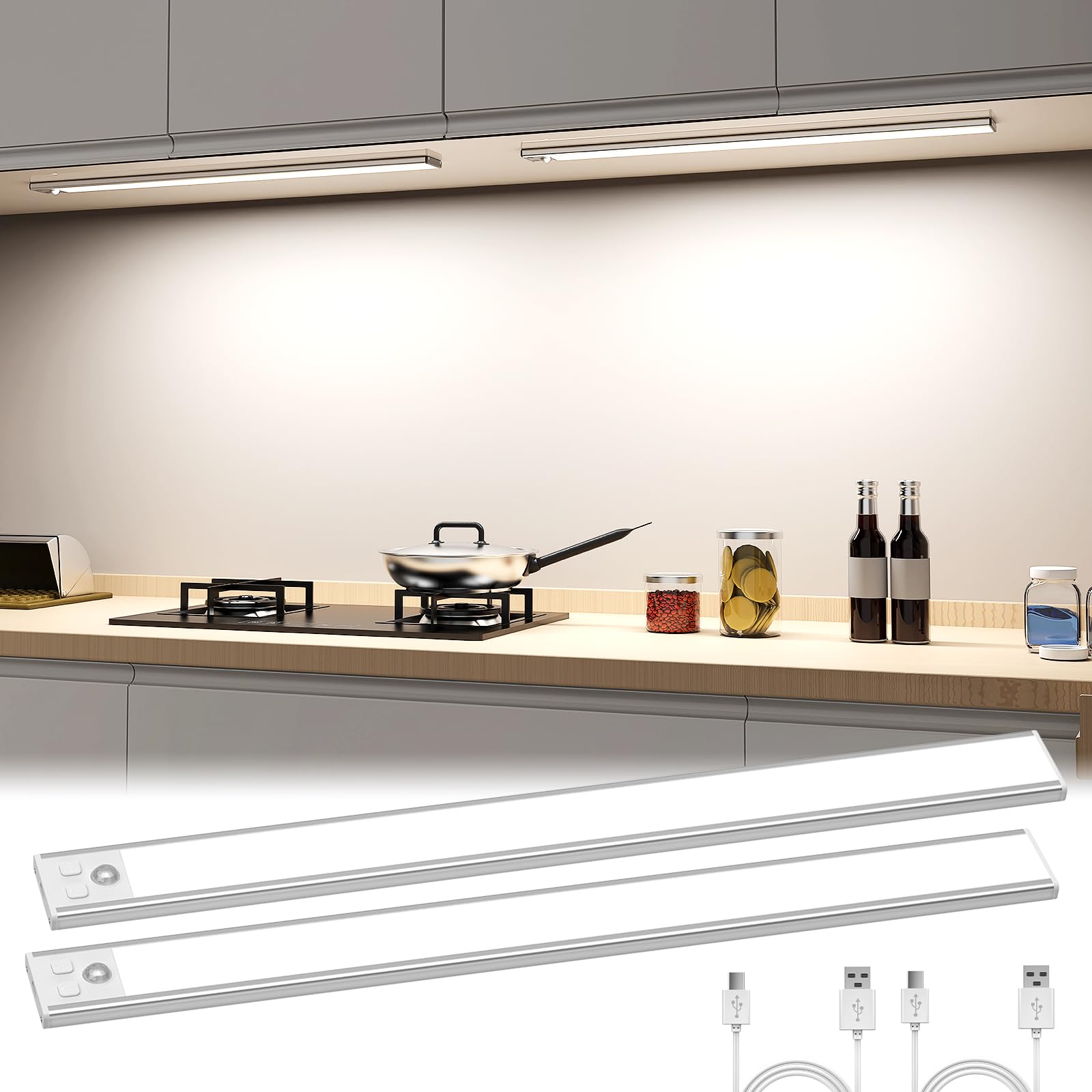 OUILA Schrankbeleuchtung LED mit Bewegungsmelder 41CM Unterbauleuchte Küche LED USB-C wiederaufladbar LED-Licht Dimmbar kabellos Nachtlicht für Küche Kleiderschrank Schrank