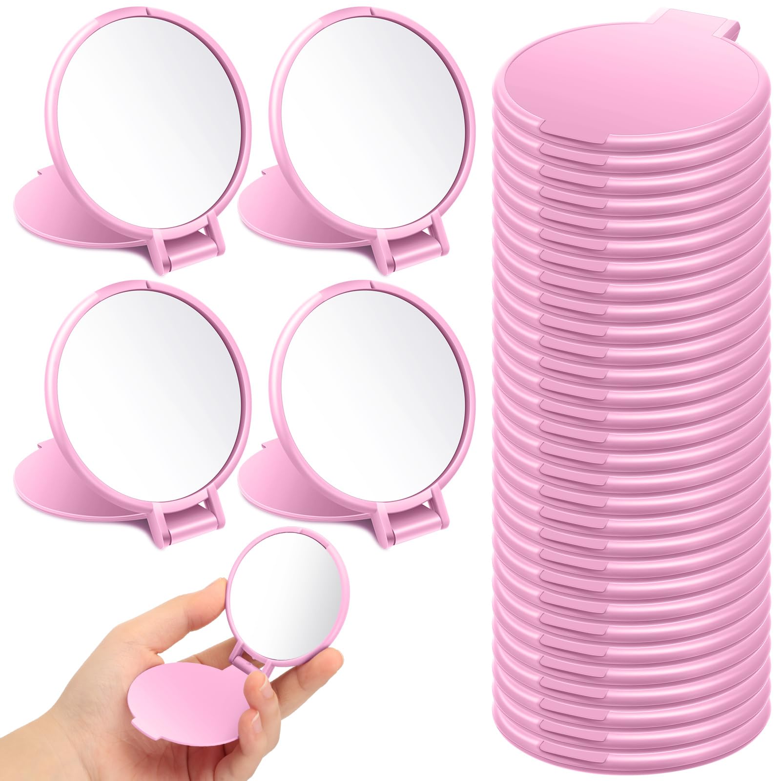 24 mini specchi compatti rotondi, portatili, pieghevoli, tascabili, da viaggio, per donne e ragazze, per uso quotidiano, 7,1 x 6,1 cm (rosa)