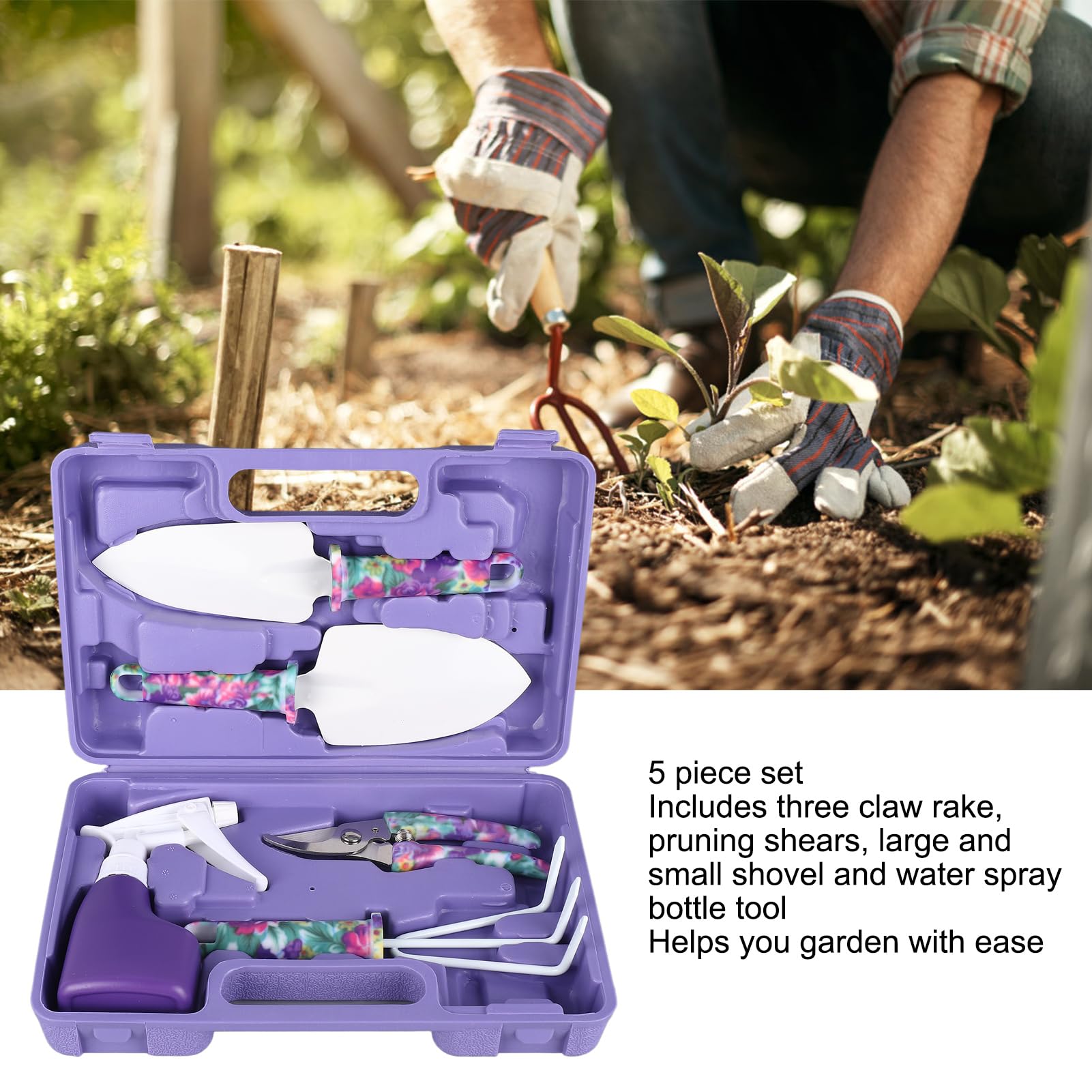 Ensemble D'outils De Jardin 5 Pièces avec étui De Transport, Kit De Jardinage Comprenant Un Cultivateur, des Pelles à Râteau, des Ciseaux à Branches Et Une Bombe Aérosol