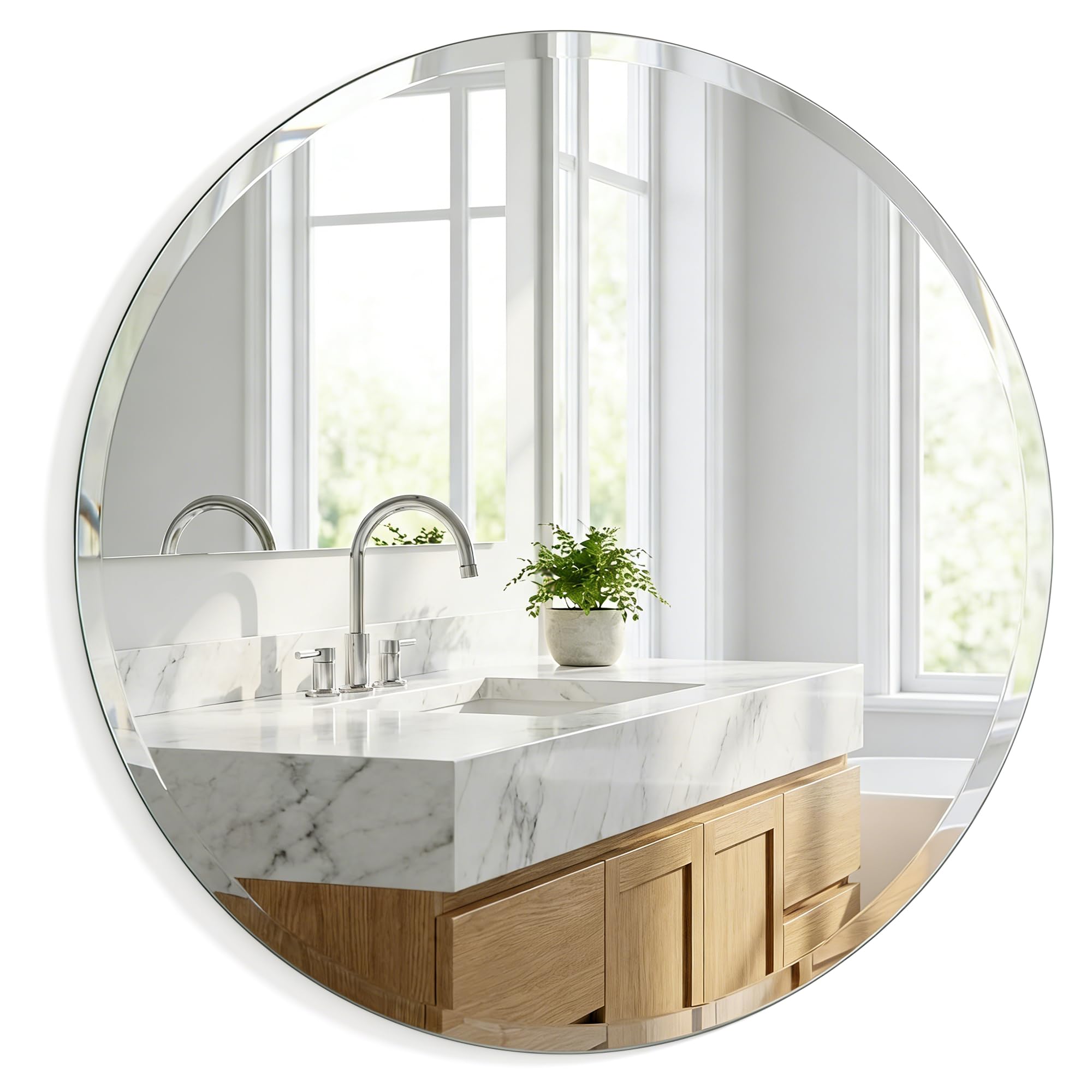 Pocetry 30 Inch Large Round Wall Mirror, Frameless Beveled Circle Mirror for Bathroom Vanity, Statement Decor Mirror for Living Room, Fireplace &