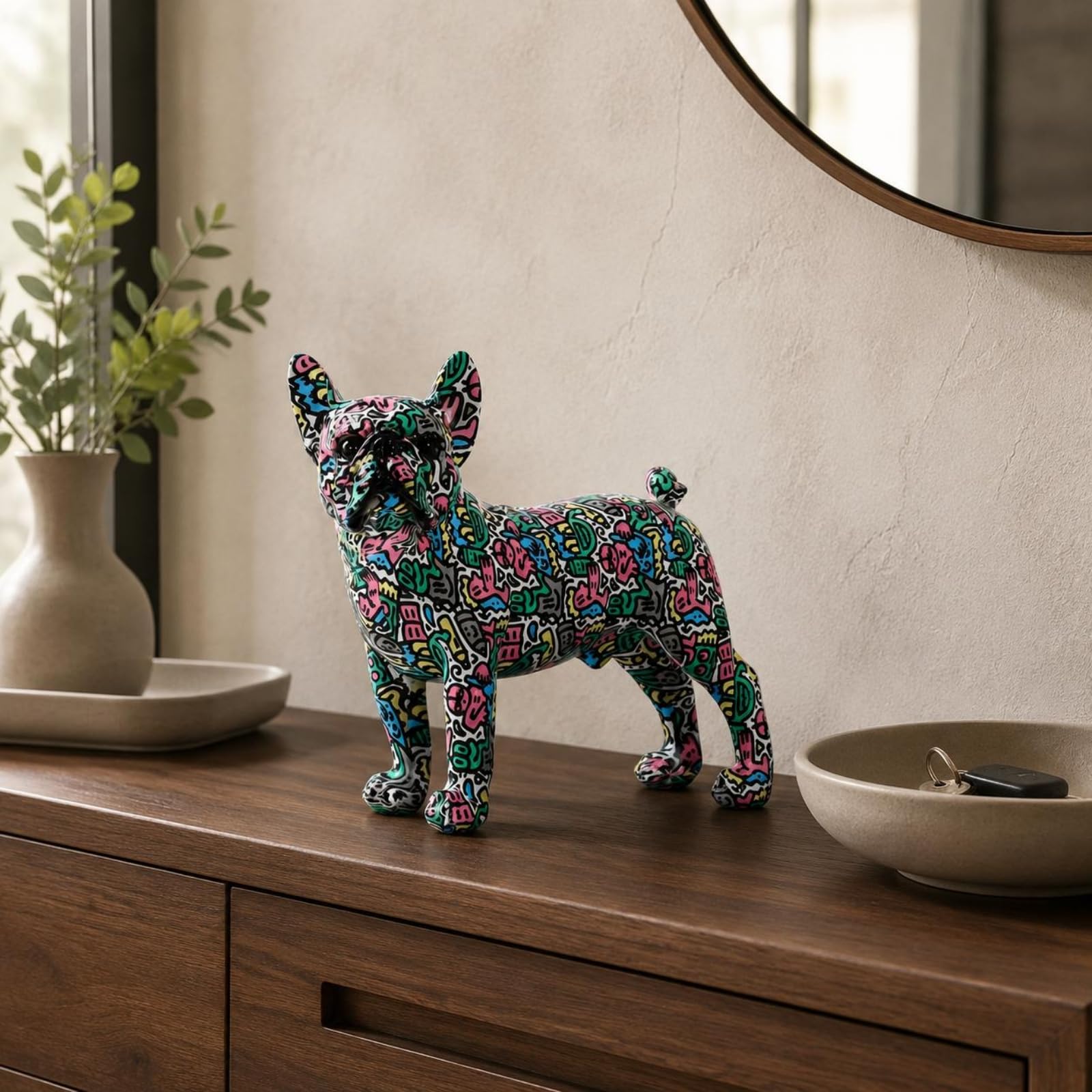 Gralara Scultura Decorativa Cane Francese Statua Cane Ornamentale Figurina Cane Resina Aspetto Creativo Accattivante Rinnova L Ambiente Adatta per Soggiorno, Stampa Leopardata