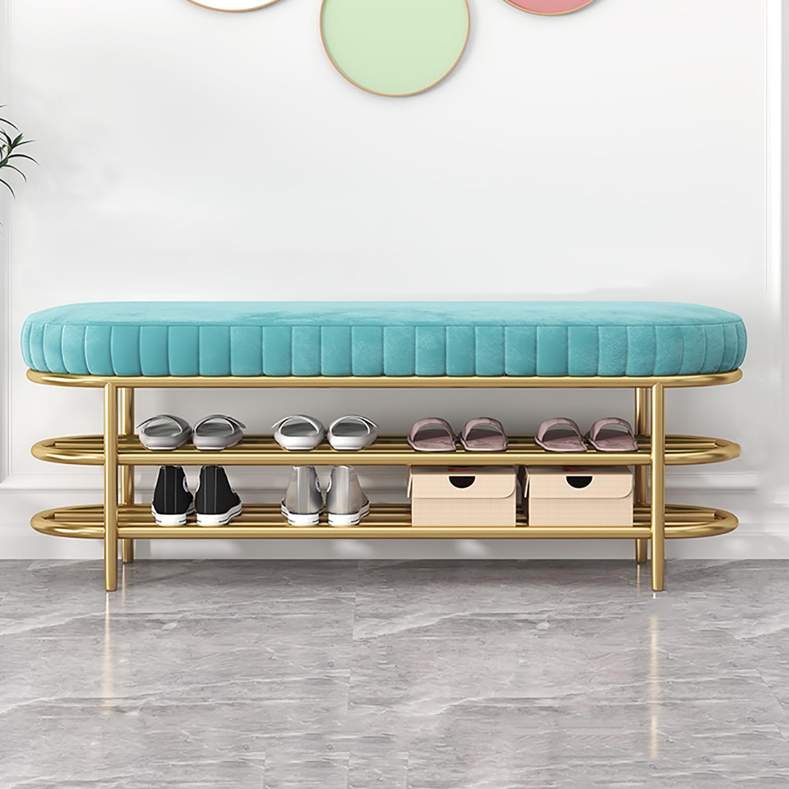 Banc rembourré avec base en métal Slish et double étagère à chaussures pour couloir
