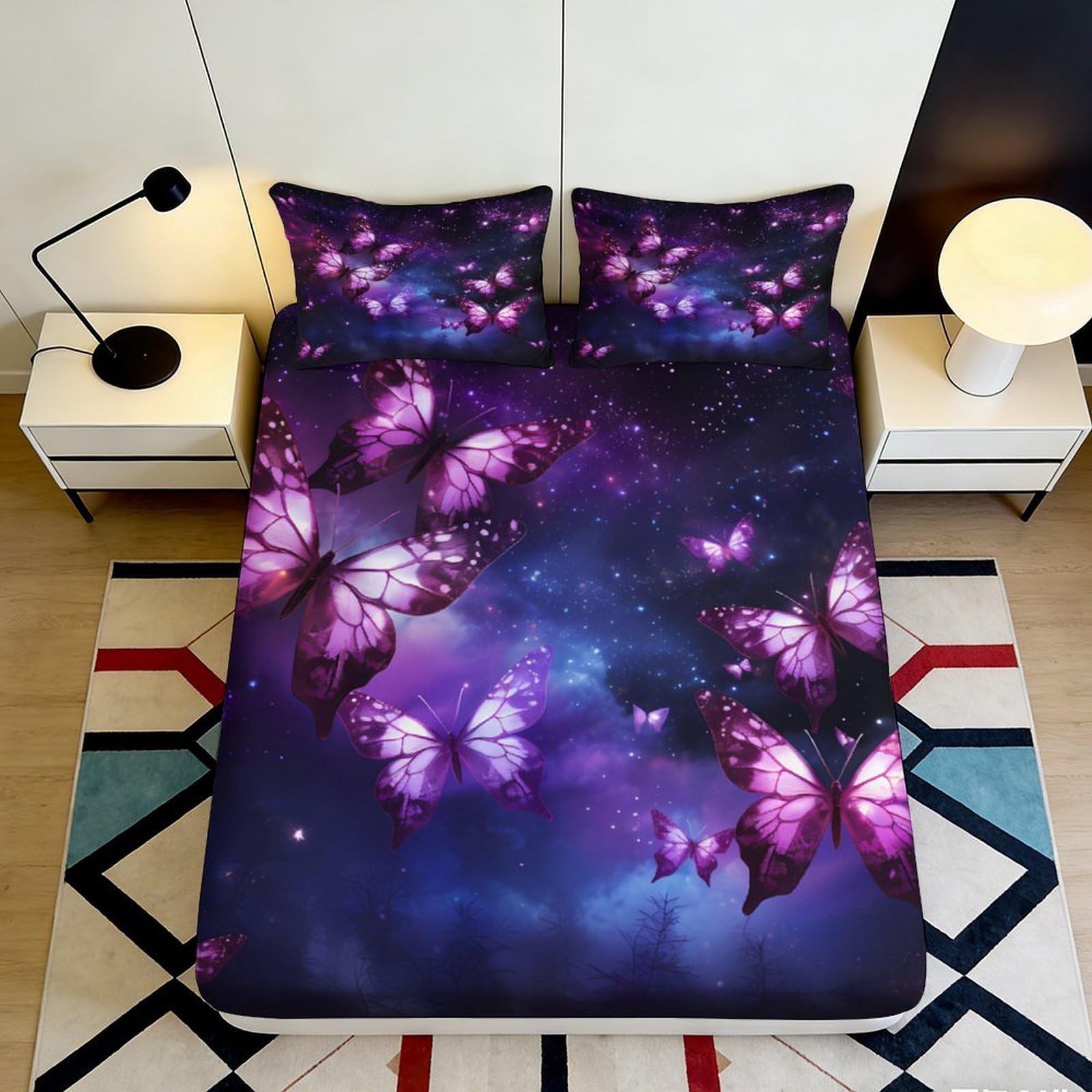 3D Printed Fantasy Purple Butterfly Fitted Sheet Microfiber Deep Pocket Bedroom Bedding, Butterfly Mattress Fitted Cover Elastic Full Wrap, Washable for Adults Teens 200x200x25cm