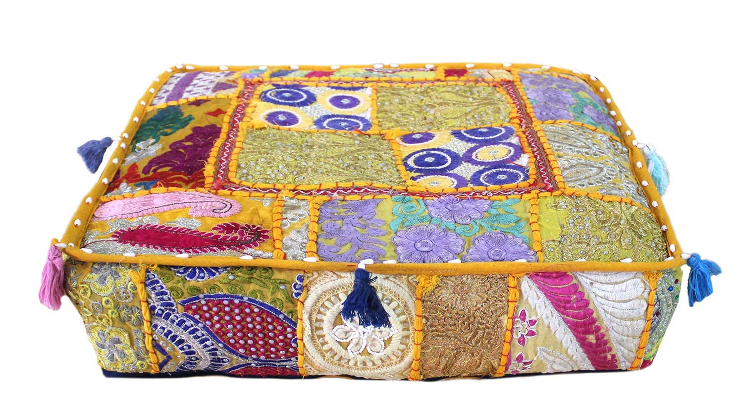 CRAFT KALACRAFT KALA Indian Square Patchwork Traditional Pouf Cover Indian Living Room Poufs Decorative Embroidered Designer Ottoman Home Living Footstool Chair Cover Ottoman Decor (Yellow, 18x18x5 inches)
