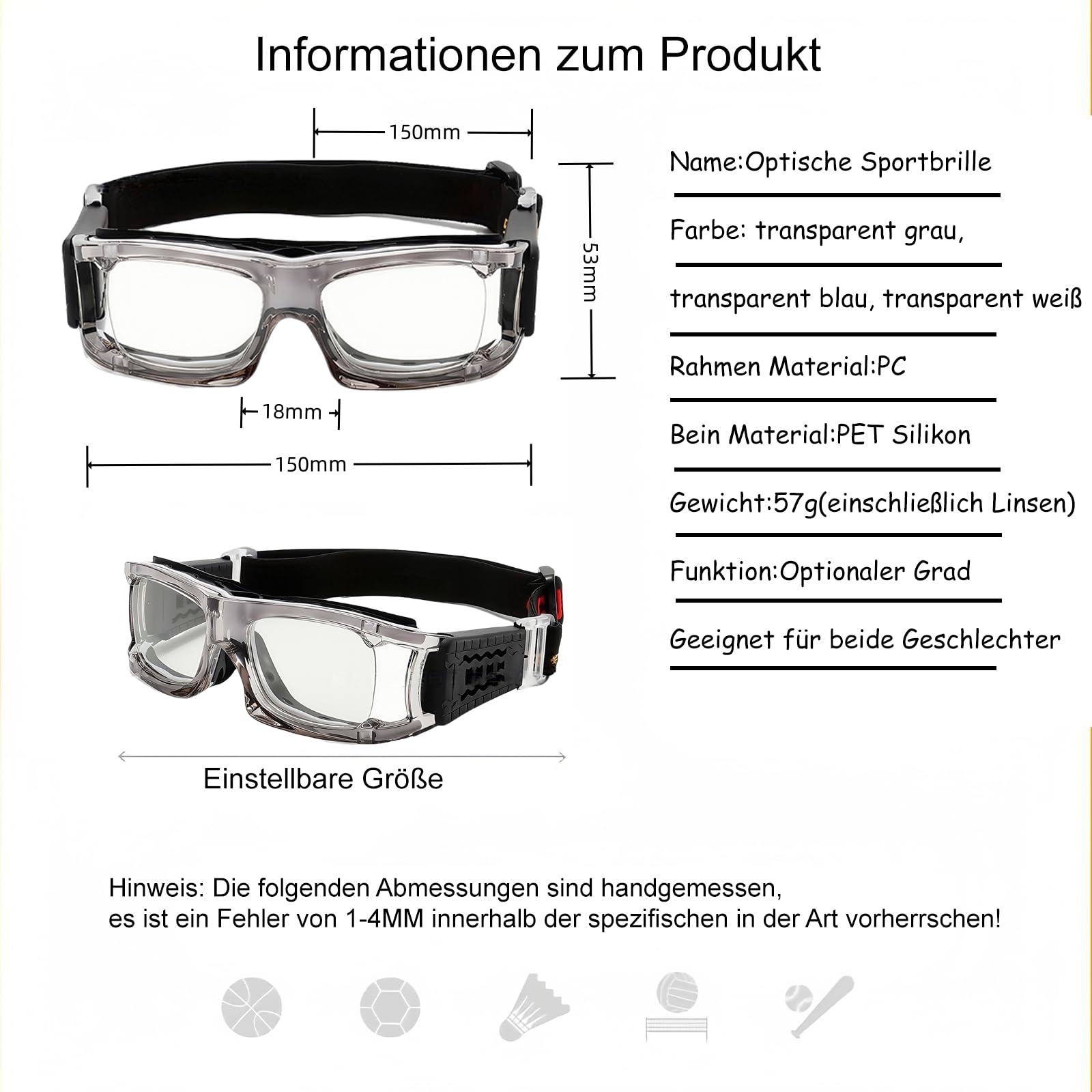 Optische Sportbrille mit Sehstärke,Perfekt sitzende Schutzbrille, Dioptrien: -1,5 bis -8,0, Anti-Beschlag-UV-Schutz，geeignet für Brillenträger，Basketball Laufen Radfahren