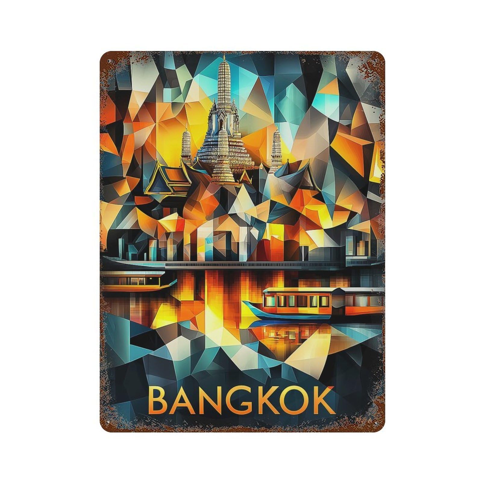 Distressed Metal Wall Sign with Bangkok Cubist Reflections – Modern Geometric Cityscape Design 15.7"x11.8", for Office, Studio And Wall Decor, Industrial Home Decor