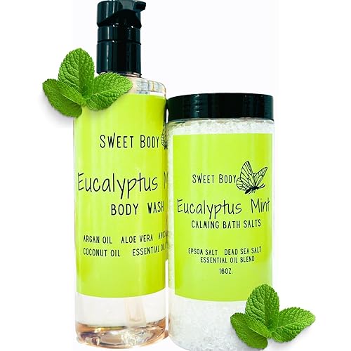 EUCALYPTUS MINT Body Wash + Bath Salt Set Sulfate Free, Paraben Free Plant-Based Naturally Derived Clean Ingredients (Eucalyptus Body Wash + Bath