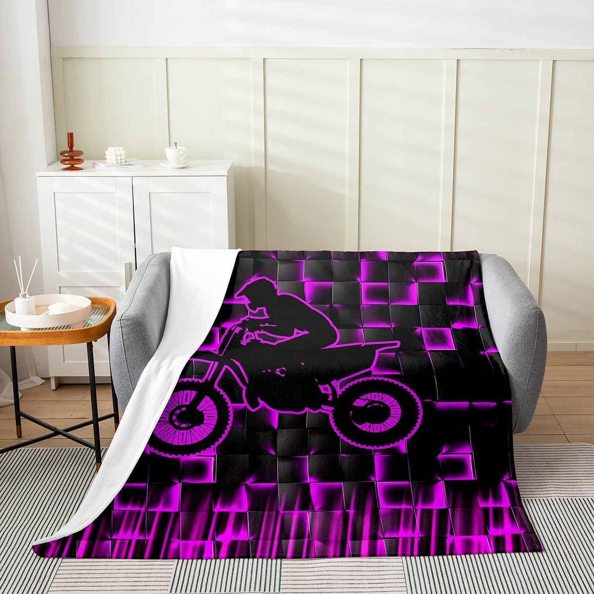 Kids Teens Motorcycle Flannel Blanket,Dirt Bike Silhouette Modern Geometric Grids Pattern Fuzzy Warm Blanket,Neon Lines Abstract Cartoon Graffiti Bed Sofa Couch Blankets Queen 90"x90"