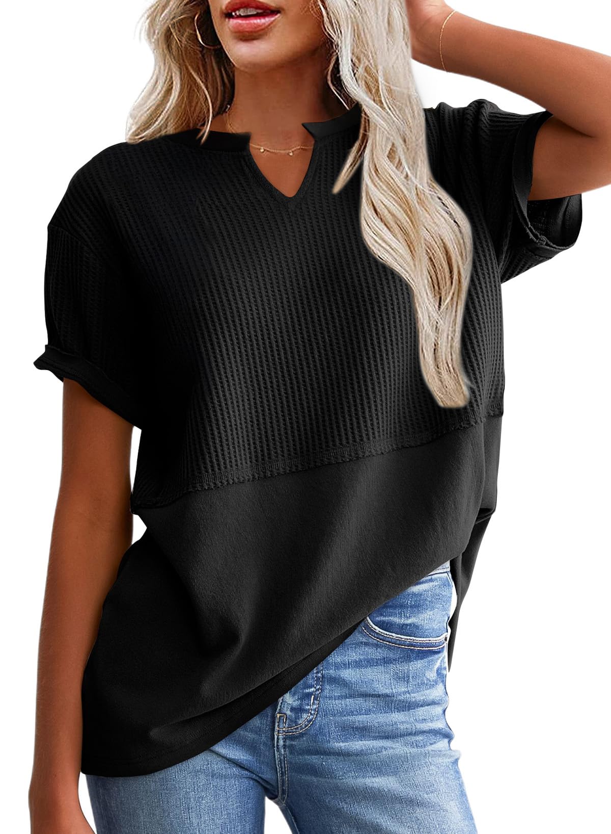 SHEWIN T Shirts for Women Casual V Neck Waffle Knit Womens Tops Short Sleeve Shirts Loose Blouses