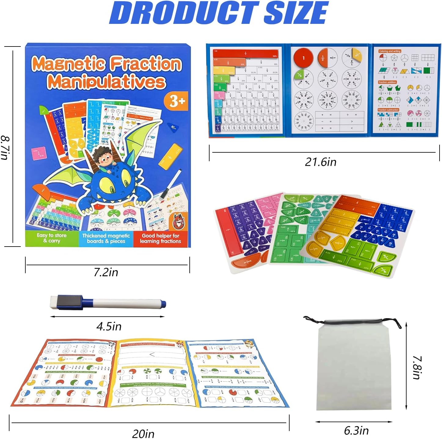 Magnetic Fraction Educational Puzzle,Magnetic Fraction Tiles & Fraction Circles,Math Manipulatives for Elementary School, Montessori Fraction Manipulatives Learning Toys for Kids