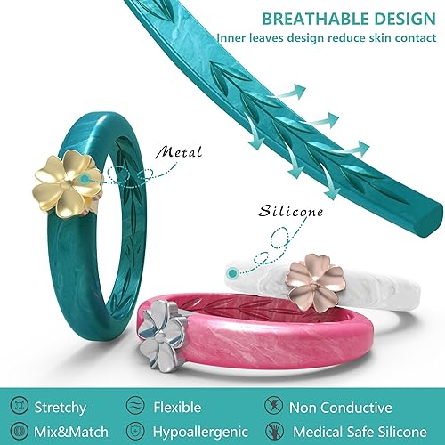 Miniatura 2 de Zollen Anillos de silicona para mujer, 13 paquetes de alianzas de boda de silicona, forma de flor, anillos de goma, colección de flores para mujer