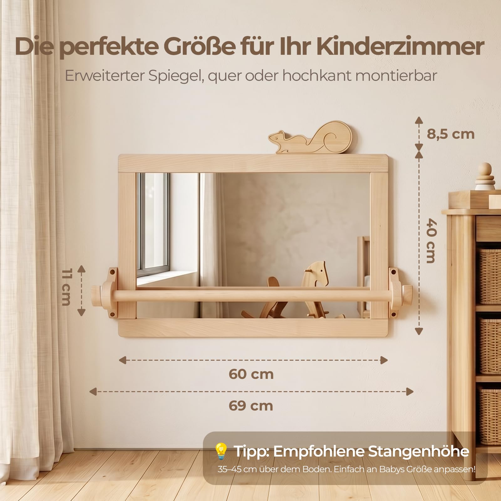 let's make Montessori Spiegel mit Haltestange, Verzerrungsfreier Baby Spiegel für Bauchlage, FSC-Holz Krabbelspiegel & Motorikspielzeug ab 6 Monate 60x40cm