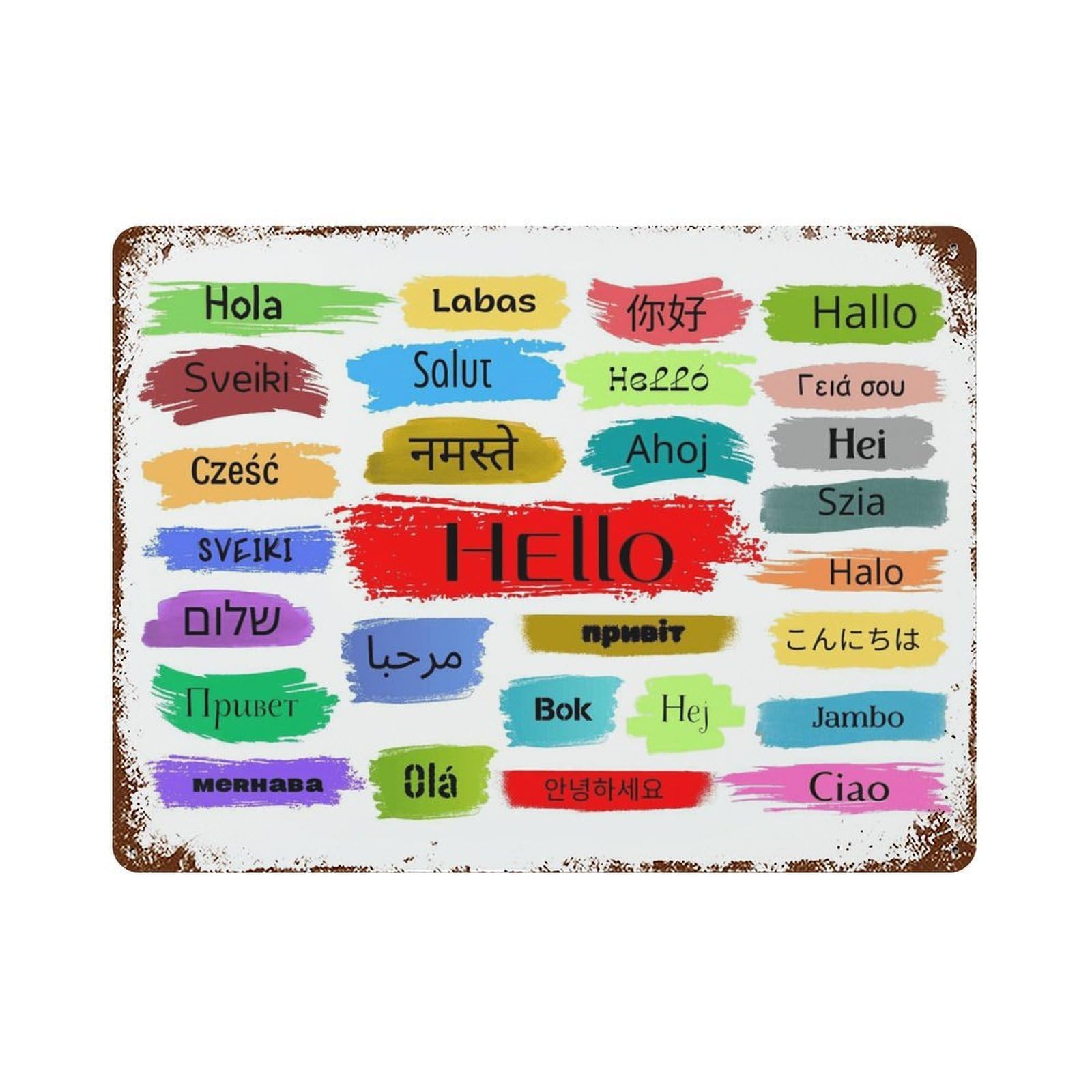 xiaoxiaoshen Multilingual Hello Poster,Colorful International Greeting Wall Decor Art Metal Tin Poster Modern Home Decor Art Home Bar Shop Decorations Vintage Sign 30x40cm