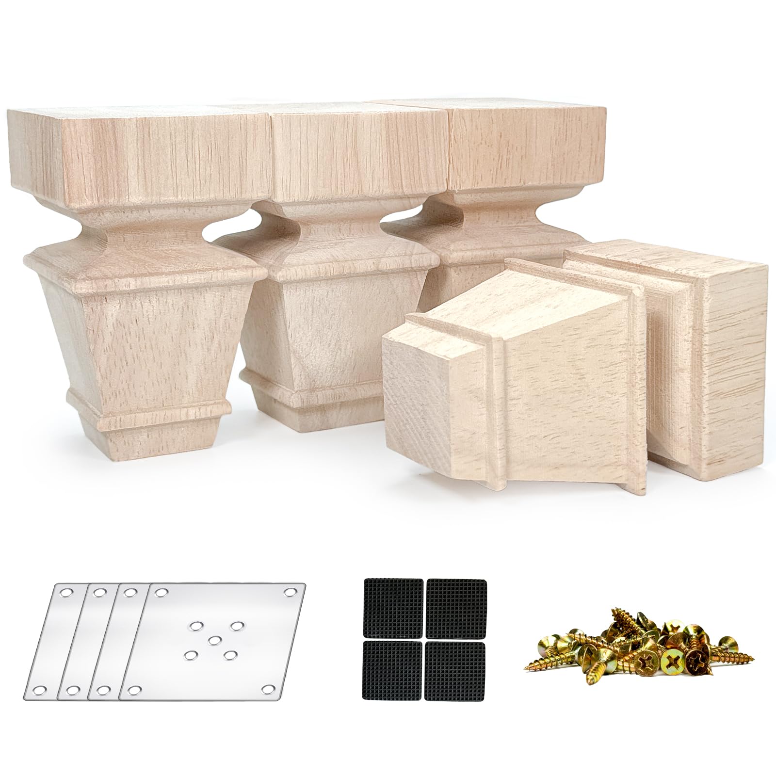 CRAPAPFERT 4 Inch Wooden Furniture Legs, Set of 4 Replacement Solid Wood Unfinished Square Furniture Bun Feet for Couch Chair Sofa Dresser Desk Table
