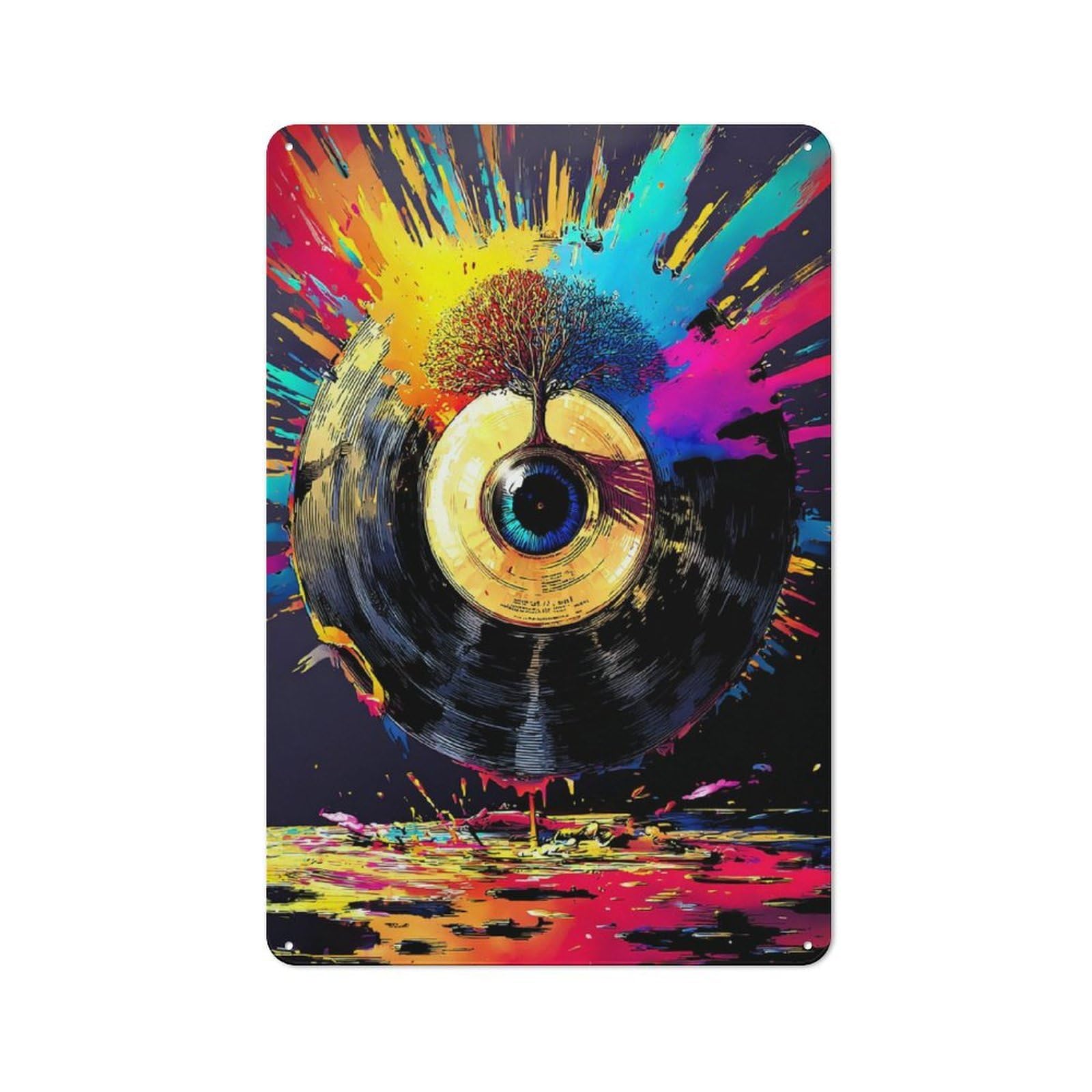Junmoney Music Fusion Vinyl Eye Artwork Rustic Metal Sign 30X20cm For Living Room Wall, With Clear Rustic Wall Decor Character